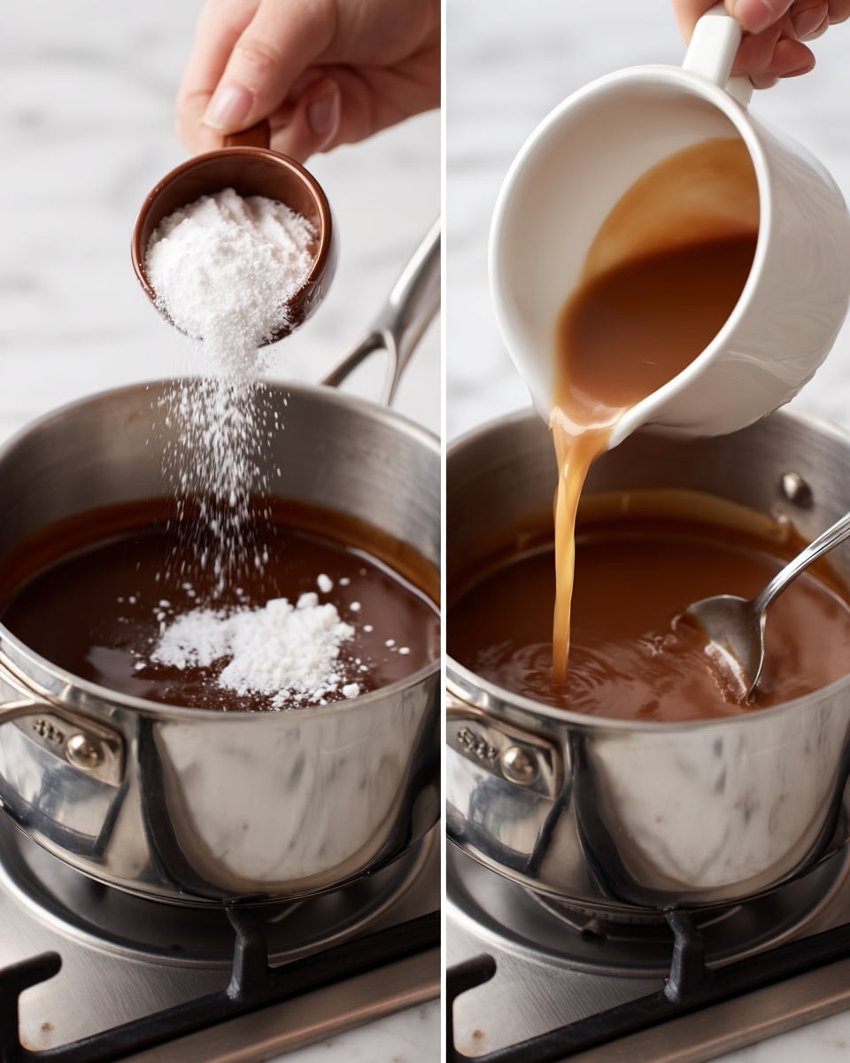 The image is split into two close-up photos side by side, each showing a shiny silver pot on a stove burner with a dark brown sauce inside. In the left photo, a woman's hand is pouring white powder from a small brown bowl into the sauce, creating a contrast of white powder on the dark brown liquid. In the right photo, a white bowl is tilting and pouring a light brown liquid into the sauce while a metal spoon stirs the mixture. The sauce looks thick and smooth, and the focus is on the process of adding ingredients to enhance the sauce’s texture. The surface beneath the pots is a white marbled texture. Photo taken with an iphone --ar 4:5 --v 7
