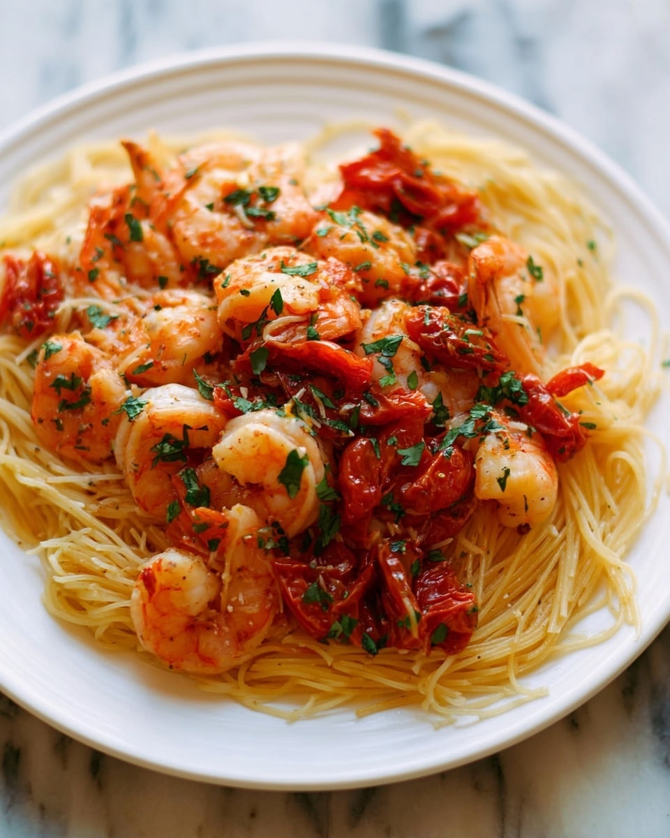 A white plate holds a serving of thin spaghetti pasta as the base layer, light golden in color with a soft, smooth texture. On top, there is a generous layer of cooked shrimp, pink-orange with a slightly firm texture. Scattered among the shrimp are pieces of dark red cooked cherry tomatoes, soft and juicy, with small green herbs sprinkled all over, adding bright green spots for freshness. The dish is placed on a white marbled surface. photo taken with an iphone --ar 4:5 --v 7