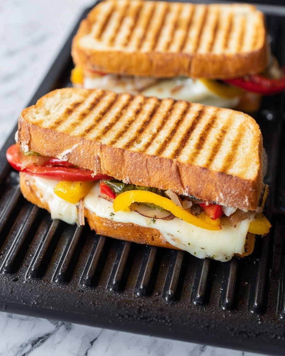 Two grilled sandwiches lie on a black grill rack with clear grill marks on the golden-brown bread. Each sandwich has three visible layers from top to bottom: melted white cheese slightly oozing out, soft sautéed red onions with a shiny texture, and colorful bell peppers in red and yellow. The sandwiches' fillings peek out from under the toasted bread, adding a rich contrast of colors and textures. The background has a white marbled texture. Photo taken with an iphone --ar 4:5 --v 7