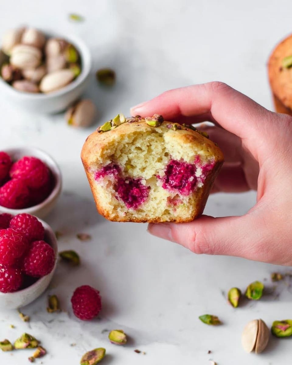 A woman's hand holds a raspberry muffin that is softly torn to show the inside filled with bright red raspberries and light brown pistachios scattered inside the fluffy yellow cake. The muffin has a golden brown top with some slightly crispy crumbs. Around the hand, there are scattered pistachios and whole raspberries on a white marbled surface. Two small white bowls are placed near the hand, one filled with fresh raspberries and the other with shelled pistachios. The scene is bright and clean with soft natural light. photo taken with an iphone --ar 4:5 --v 7