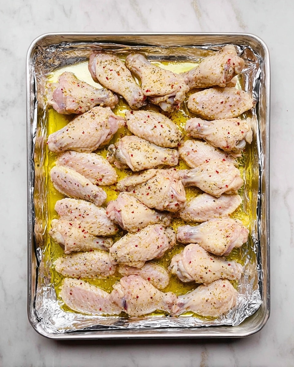 The image shows a metal baking tray covered with silver foil, filled with a single layer of raw chicken wings arranged neatly in rows. The chicken wings are pale pink with light seasoning and small red and black specks evenly spread on them. The foil underneath has a thin layer of oil, giving it a slight shine. The tray is placed on a white marbled surface. photo taken with an iphone --ar 4:5 --v 7