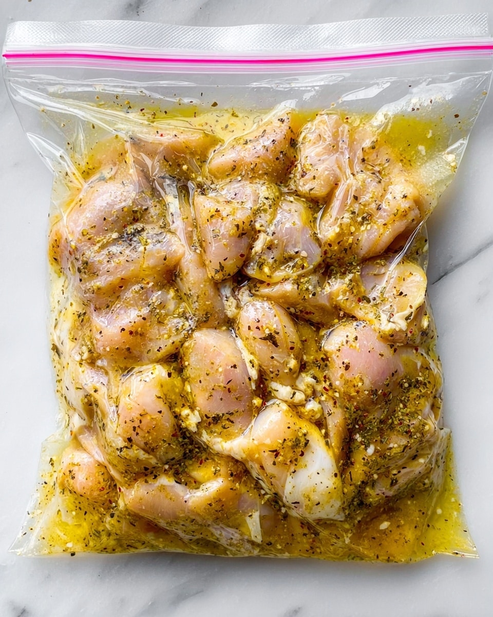 A transparent ziplock bag filled with raw chicken pieces soaked in a yellowish marinade with visible black pepper and herbs. The chicken looks soft and slightly pink, evenly coated with marinade that has a shiny texture. The bag rests on a white marbled surface, and the marinade pools slightly at the bag’s bottom. photo taken with an iphone --ar 4:5 --v 7