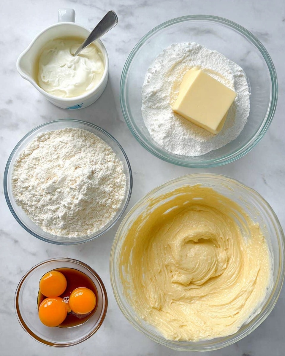 The image shows five clear glass bowls with different baking ingredients placed on a white marbled surface. The top right bowl contains white granulated sugar with a square block of pale yellow butter resting on top, while the top left holds a white measuring cup filled with thick white cream and a small metal spoon. Below them, to the left, a bowl has white flour with small piles of baking powder and baking soda on its surface. Next to it, a smaller bowl holds three cracked eggs showing vibrant orange yolks and clear whites. The smallest bowl at the bottom right contains a small amount of dark amber vanilla extract. Below this setup, there is a large clear bowl filled with a smooth, thick pale yellow batter, showing swirl patterns on its textured surface. The overall scene is bright with natural lighting. Photo taken with an iphone --ar 4:5 --v 7