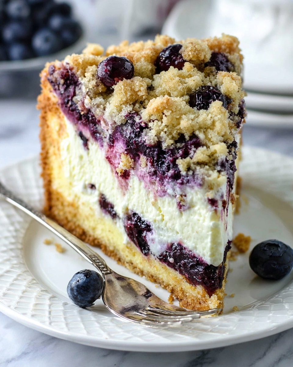 A slice of blueberry crumb cake with three visible layers is shown on a white plate with a textured edge, placed on a white marbled surface. The bottom layer is a thick, golden-brown crumbly cake base. The middle layer is creamy and white, looking smooth and soft with some blueberries partly embedded. The top layer is a crumbly, golden crust with scattered dark purple blueberries that have a shiny, juicy appearance, giving a mix of textures. A silver fork and a loose blueberry rest next to the cake slice. Photo taken with an iphone --ar 4:5 --v 7