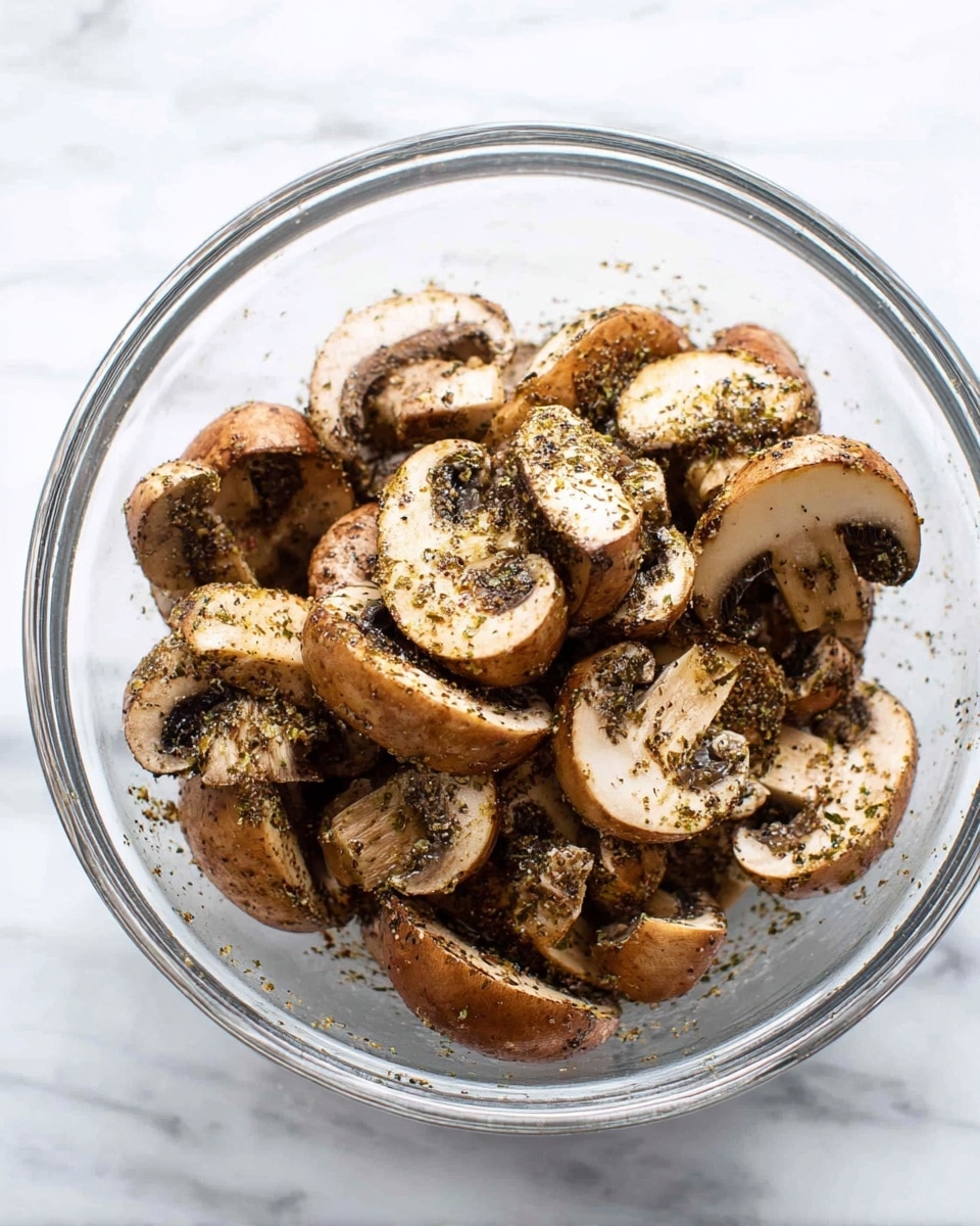 A clear glass bowl filled with several pieces of sliced brown mushrooms, each piece coated in a mix of herbs and spices giving them a slightly speckled look with green and black flecks. The mushrooms are unevenly piled inside the bowl, showing the dark brown gills and lighter tan tops. The bowl sits on a white marbled textured surface, adding a clean and bright background to the earthy tones of the mushrooms. photo taken with an iphone --ar 4:5 --v 7