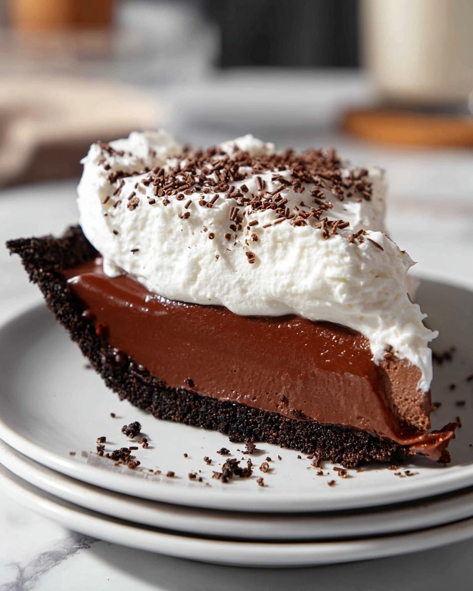 A slice of chocolate pie on a white plate with a white marbled texture surface, showing three clear layers: a dark chocolate crumb crust at the bottom, a thick smooth chocolate filling in the middle with a shiny texture, and a large fluffy white whipped cream layer on top sprinkled with small chocolate shavings. The whipped cream layer curves naturally with some parts standing tall, and there are small bits of chocolate crumbs around the plate. In the background, blurred objects appear on a white marbled surface. photo taken with an iphone --ar 4:5 --v 7
