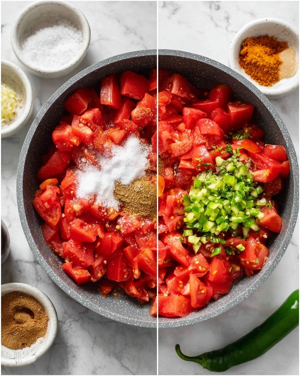 The image shows a gray pan filled with chopped red tomatoes as the first layer, bright and juicy with pieces of different sizes. In the second layer, some white salt, light brown ground spices, and finely chopped green peppers are placed on top of the tomatoes, creating a contrast of colors. Around the pan, there are small white bowls containing more spices and salt, on a white marbled surface. A whole green chili pepper lies near the bottom right side of the pan. Photo taken with an iphone --ar 4:5 --v 7