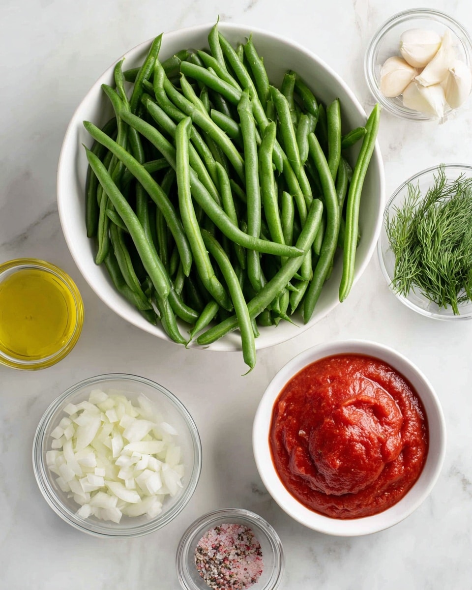 The image shows a white bowl full of fresh green beans with a vibrant green color. Around the bowl, there are six small clear glass containers arranged on a white marbled surface: one with bright yellow olive oil on the left, another with white chopped onion below it, a small bowl with three peeled white garlic cloves next to the onion, a bowl with smooth red tomato sauce on the right, a small bowl with fresh green dill below the tomato sauce, and a small round container with mixed black and pink salt and pepper near the bottom left. The items are neatly spaced and clearly visible, with a clean and bright look. photo taken with an iphone --ar 4:5 --v 7