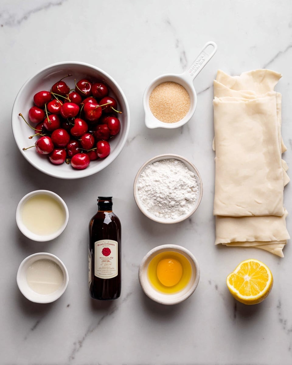 The image shows various baking ingredients arranged neatly on a white marbled surface. On the left, a white bowl holds bright red cherries with green stems. Moving right, there is a white measuring cup filled with light brown sugar, next to it a small white bowl with white powder, likely flour or cornstarch. Further right are two folded sheets of light beige pastry dough. Below these, from left to right, a dark brown bottle of pure almond extract lies flat, a small white bowl contains a pale cream-colored liquid, another small white bowl holds a bright yellow egg yolk, and a half-cut lemon with visible seeds and bright yellow pulp. All items are neatly spaced and well lit. photo taken with an iphone --ar 4:5 --v 7