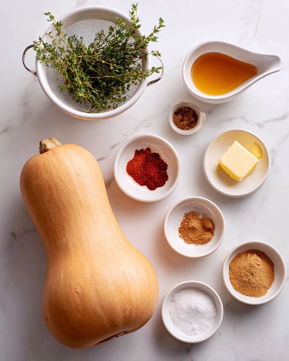 A whole butternut squash with smooth pale orange skin sits in the center on a white marbled surface. Surrounding it are small white bowls holding different spices and ingredients: bright red cayenne pepper powder, dark brown cloves powder, warm brown cinnamon powder, coarse white kosher salt, golden olive oil, a square of pale yellow unsalted butter, and light brown packed brown sugar. A small white bowl with a small handle contains golden maple syrup, and a white colander above holds fresh green thyme sprigs with delicate leaves. Everything is evenly spread, showing a clean and organized layout, photo taken with an iphone --ar 4:5 --v 7