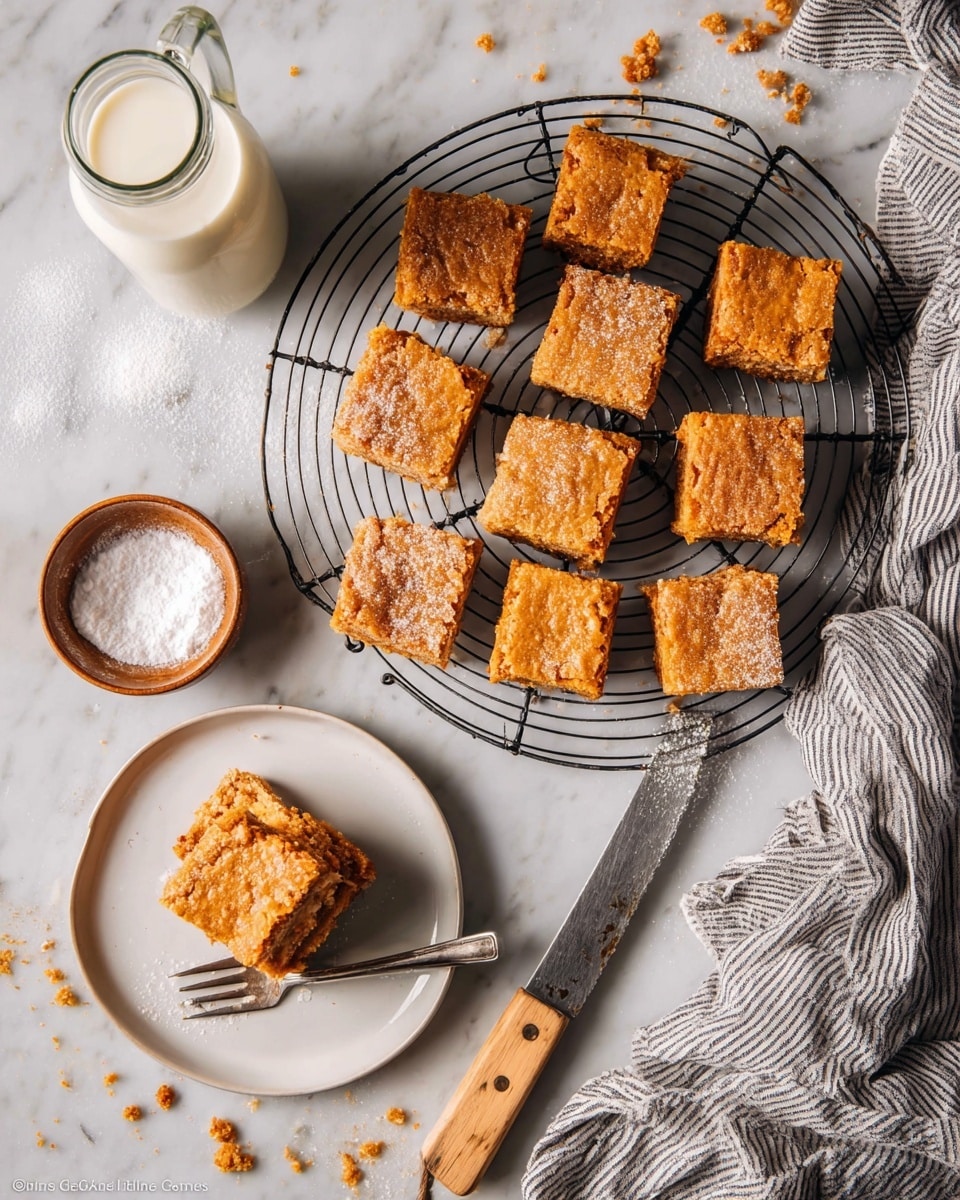 The image shows a round black wire cooling rack placed on a white marbled surface, holding eleven square golden brown baked bars with a slightly cracked top layer, arranged in a loose pattern. Nearby, a white ceramic plate holds two of the same bars stacked on top of each other with a small fork resting on the plate’s edge. To the left, there is a tall glass bottle filled with milk, and below it, a small brown bowl filled with white powdered sugar and a wooden spoon inside. On the right side, a knife with a wooden handle lies on a crumpled gray and white striped cloth. Scattered crumbs add a touch of realism to the scene. photo taken with an iphone --ar 4:5 --v 7