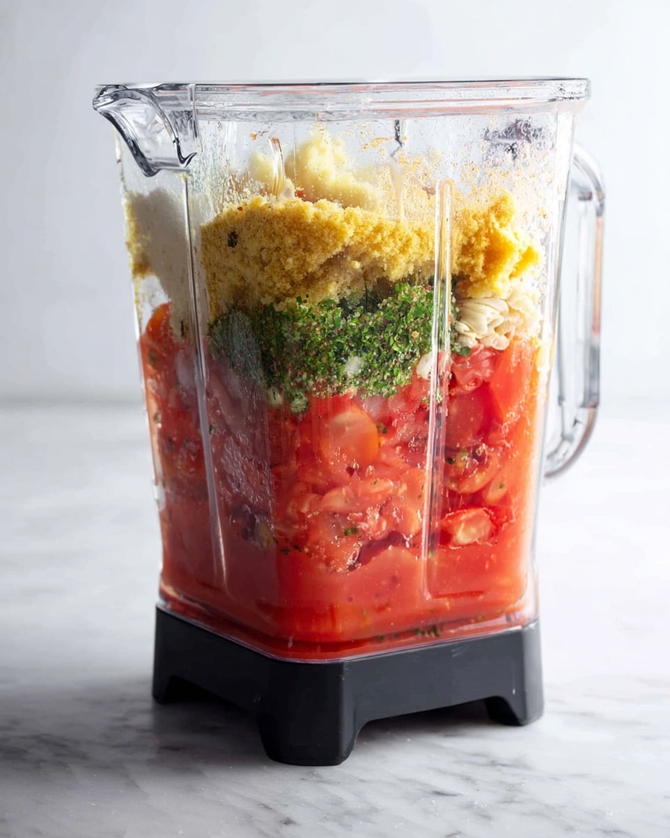 A clear blender container sits on a white marbled surface filled with distinct layers of ingredients: the bottom layer is bright red, showing chopped tomatoes with visible seeds and juice; above this is a light beige layer of minced garlic; next is a layer of finely chopped green herbs; and on top is a yellowish mashed ingredient, likely ginger or a similar root, all inside the transparent container with black base corners. photo taken with an iphone --ar 4:5 --v 7