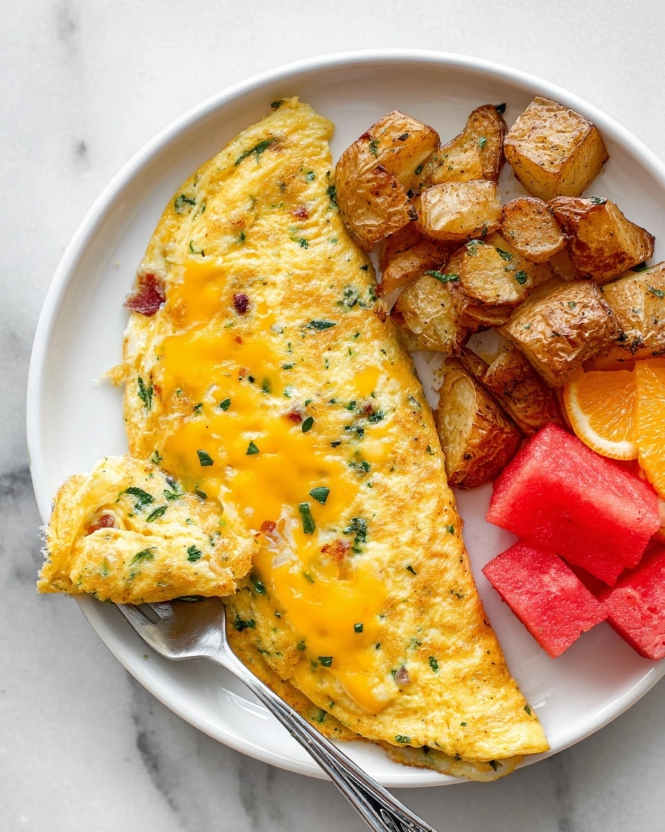 A white plate sits on a white marbled surface, holding a folded omelette layered with bright yellow melted cheddar cheese on top, with bits of green herbs and small red and brown pieces visible inside the folded egg layer. Next to the omelette are golden brown, chunky roasted potato pieces, piled on the upper right side of the plate. Below the potatoes, there are three bright red watermelon cubes and two small orange wedges. A small piece of the omelette is held on a silver fork positioned on the bottom left of the plate. photo taken with an iphone --ar 4:5 --v 7