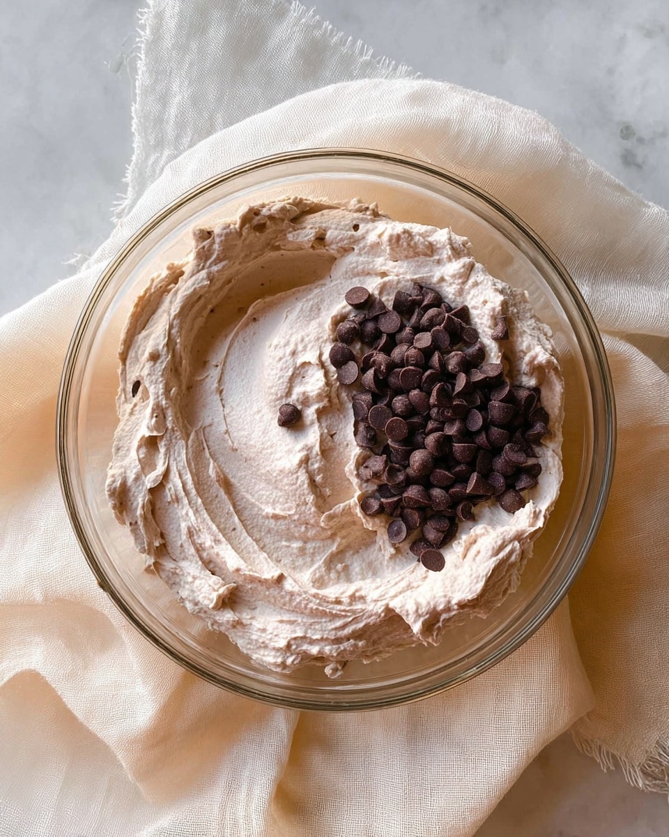 A clear glass bowl holds a thick, light brown cream filling most of the bowl with smooth and slightly whipped texture. On top of the cream, a small pile of dark brown dry chocolate chips sits on the right side, contrasting with the lighter cream. The bowl is placed on a soft, off-white cloth that is casually spread over a white marbled surface. The scene looks natural and simple, with soft light highlighting the creamy texture and shiny chips. photo taken with an iphone --ar 4:5 --v 7