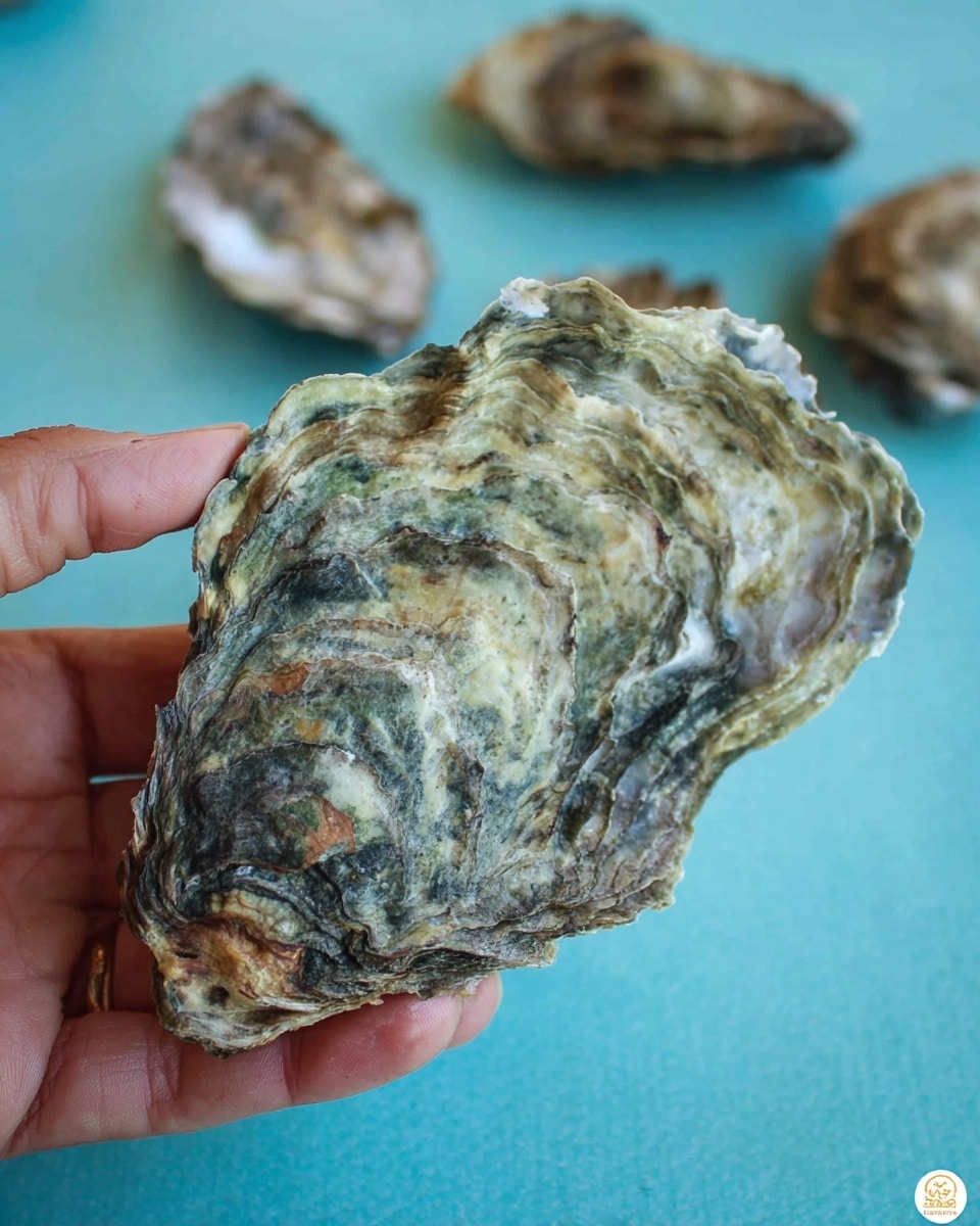 A close-up image shows a large oyster shell held by a woman's hand. The oyster shell is rough and textured with layers that have greenish, gray, and white colors mixed with some brown spots. The edges of the shell are uneven and wavy. In the blurry background, several more oyster shells can be seen lying on a light blue surface. The scene captures the natural look of the oyster shell's rugged shell and its size compared to the woman's hand. photo taken with an iphone --ar 4:5 --v 7