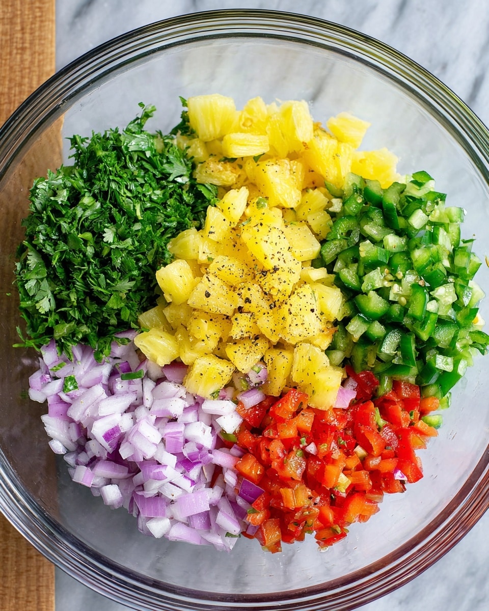 A clear glass bowl with five different piles of chopped ingredients inside, arranged in a circle filling the bowl. Starting from the top left, there is a pile of bright green chopped herbs with a leafy texture, next to it at the top center is a pile of small yellow pineapple chunks sprinkled lightly with black pepper. To the top right, there is a pile of chopped jalapeño peppers in a darker green shade. At the bottom right is a pile of finely chopped red bell peppers, and at the bottom left is a pile of finely diced light purple onions. The bowl is placed on a white marbled surface. photo taken with an iphone --ar 4:5 --v 7