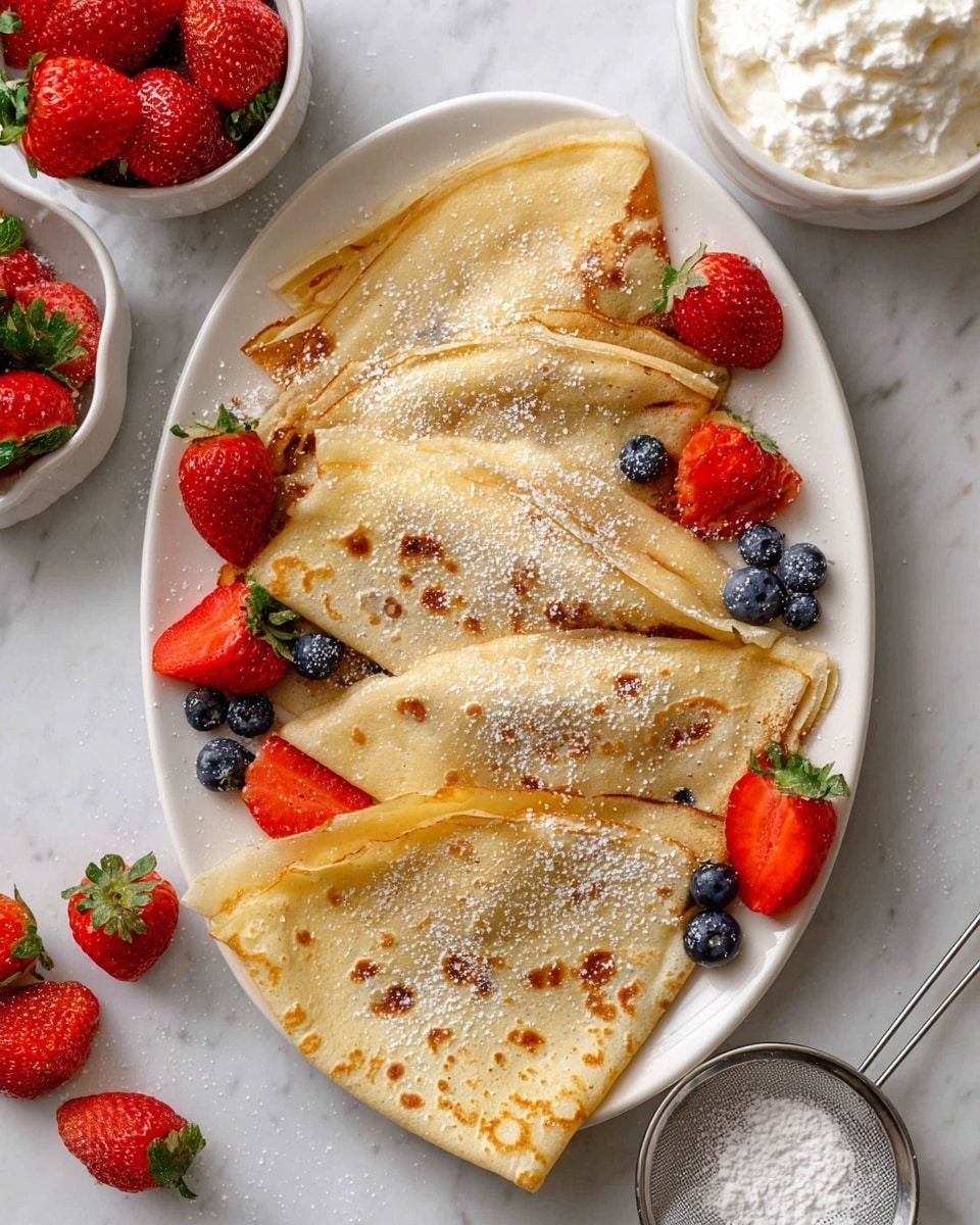 A white oval plate holds eight thin crepes folded into quarters, arranged in two layers slightly overlapping each other. The crepes are light golden with small brown spots and a soft, smooth texture. Light dusting of white powdered sugar is sprinkled evenly over the crepes, adding a delicate sparkle. Fresh strawberries, some whole with green leaves and others sliced in half showing bright red inside, are placed at the edges and center of the plate, along with a few plump, dark blue blueberries scattered among the crepes. The plate sits on a white marbled surface with a small bowl of vibrant red strawberries to the top left and a white bowl filled with whipped topping to the right. A fine metal sieve with powdered sugar rests near the bottom right corner. Photo taken with an iphone --ar 4:5 --v 7