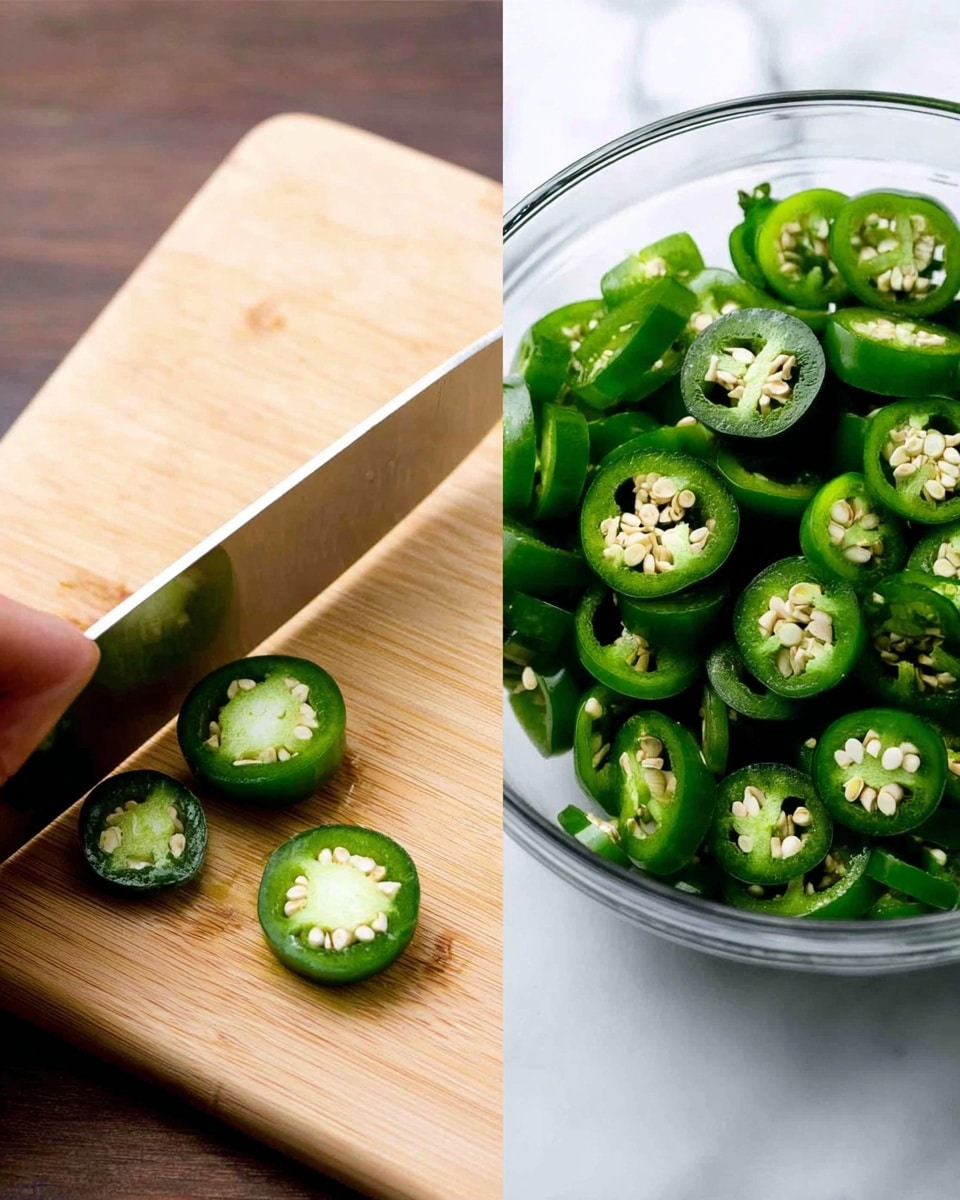 The image shows two parts: on the left, a woman's hand holds a knife slicing a dark green jalapeño pepper on a light brown wooden cutting board, with two smooth, round green slices lying flat in front of the knife, showing white seed centers. On the right, a clear glass bowl filled with many similar green jalapeño slices with visible seeds inside sits on a white marbled surface. The jalapeño pieces are vibrant green with white seeds, and the clear bowl has a simple round shape. Photo taken with an iphone --ar 4:5 --v 7