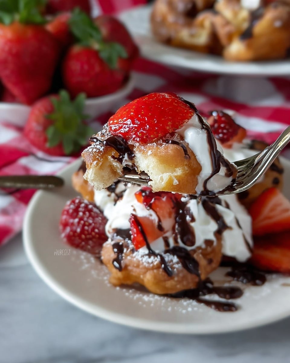 A close-up view showing a fork holding a bite of dessert made of golden brown fried dough topped with a shiny red strawberry slice and some drizzle of chocolate sauce. Below the fork, the white plate holds the main dessert composed of caramelized fried dough, a generous layer of white cream, scattered red strawberry slices, and a drizzle of dark chocolate sauce with a dusting of powdered sugar. In the blurred background, fresh whole strawberries and another portion of the dessert can be seen on a white plate on a red and white checkered cloth, all placed on a white marbled surface. Photo taken with an iphone --ar 4:5 --v 7