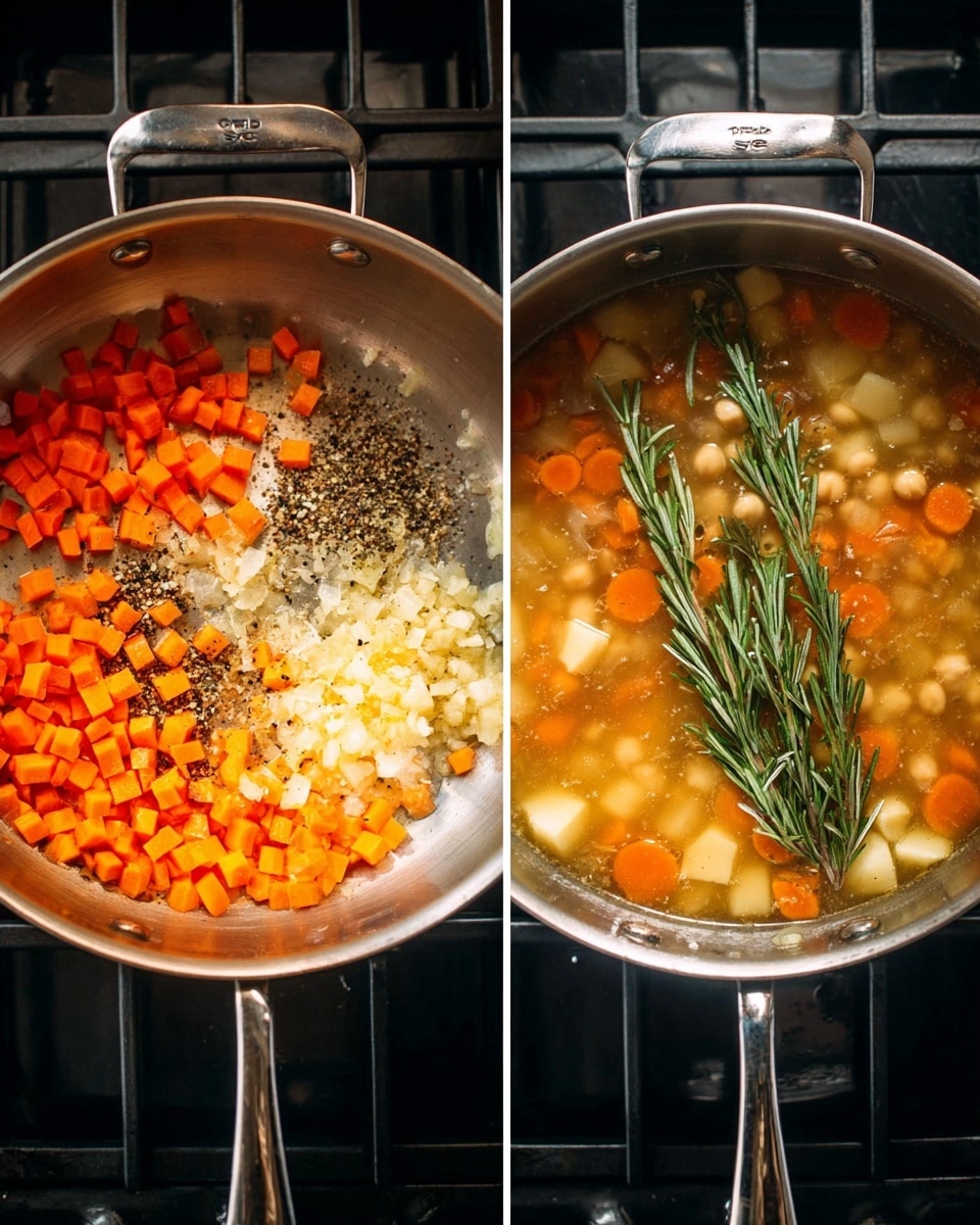 The image shows two stainless steel pans on a stove with a black grate. The pan on the left has three layers: small chopped orange carrot pieces, light yellow chopped onions, and a pile of finely minced pale yellow garlic in the center, all sprinkled with black pepper. The light in the pan gives the vegetables a shiny, moist look. The pan on the right has a clear broth with visible orange carrot pieces, white chickpeas, and pale yellow potato cubes floating in the liquid. On top of the broth are three sprigs of fresh green rosemary placed across the surface. The broth has an oily shine with some light reflections. Photo taken with an iphone --ar 4:5 --v 7