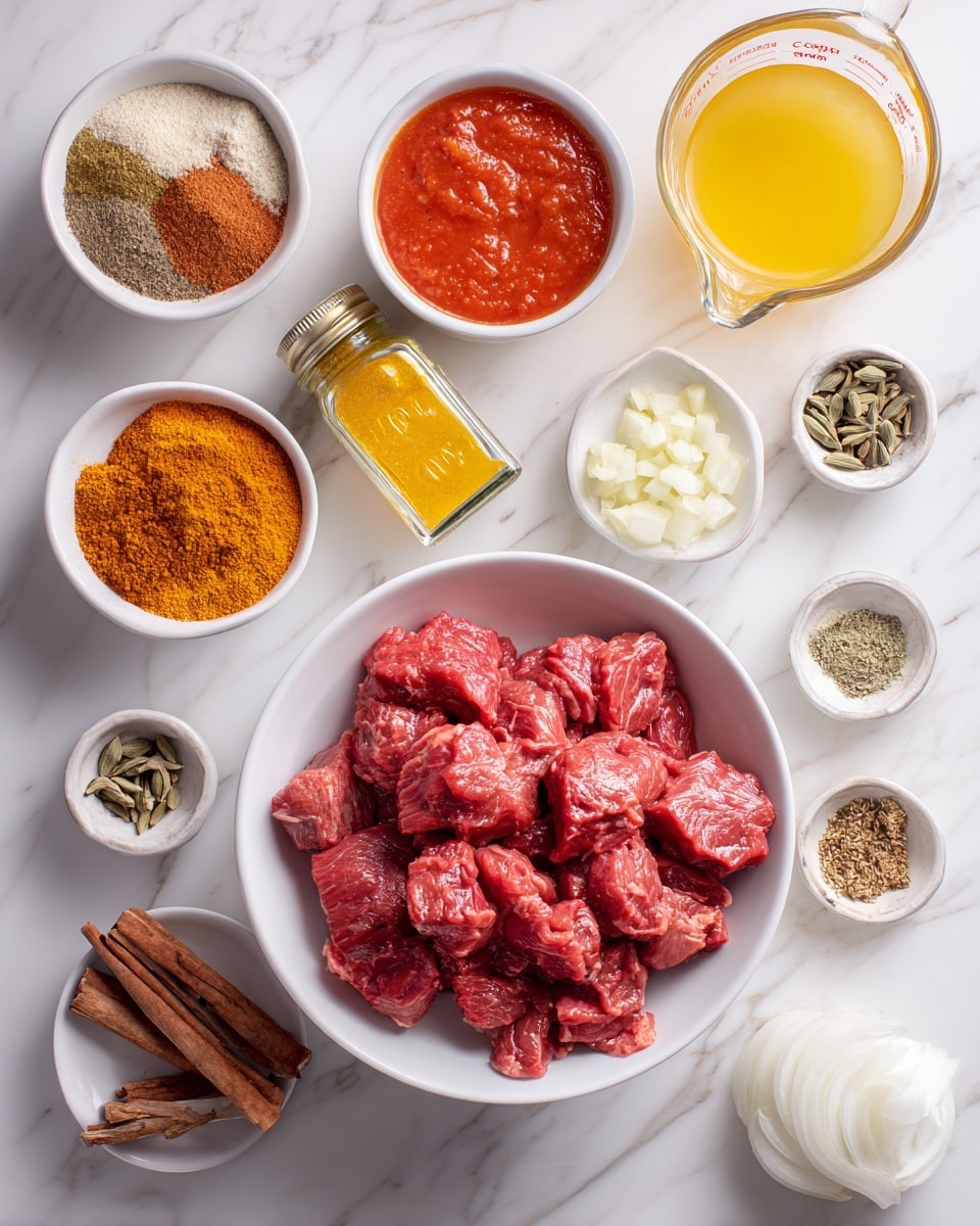 The image shows ingredients for a dish arranged on a white marbled surface. In the center, there is a white bowl filled with raw red lamb pieces. Surrounding this are small white bowls and containers: a small bowl with chopped white onion at the bottom right, a glass measuring cup with yellow chicken broth above the onion, a small white bowl with smooth red tomato sauce near the top center, and a small jar with bright yellow ghee (or butter) beside it. On the left side, a white bowl holds several brown and orange powdered spices stacked together, with paprika, chili, cumin, coriander, garam masala, fennel, nutmeg, and turmeric labeled above it. Below this are small containers holding whole cinnamon sticks, cardamom pods, and cloves. Above the lamb are two small white dishes with minced pale yellow garlic and diced light brown ginger. Finally, a white bowl with smooth white yogurt is at the top right corner. Photo taken with an iphone --ar 4:5 --v 7