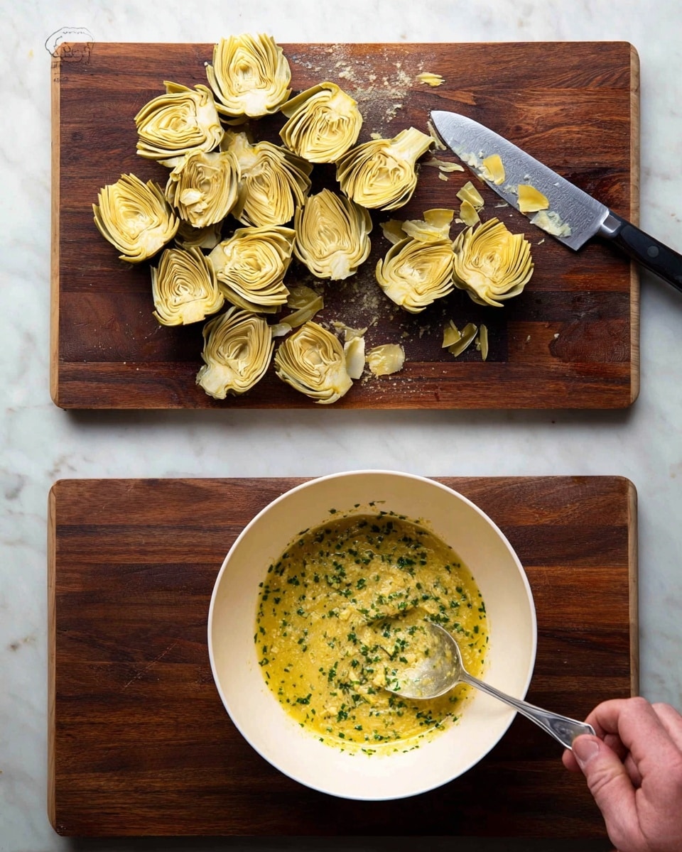 A dark wooden cutting board on a white marbled surface holds many light yellow artichoke halves each showing layered, petal-like inner sections. A silver knife with a black handle lies among the artichokes, blade facing up with some bits clinging to it. Below, a white bowl rests on the same dark wooden board, filled with a thick, yellow mixture speckled with green herbs. A man’s hand stirs the mixture with a metal spoon, small bits splattered around the bowl on the board. photo taken with an iphone --ar 4:5 --v 7