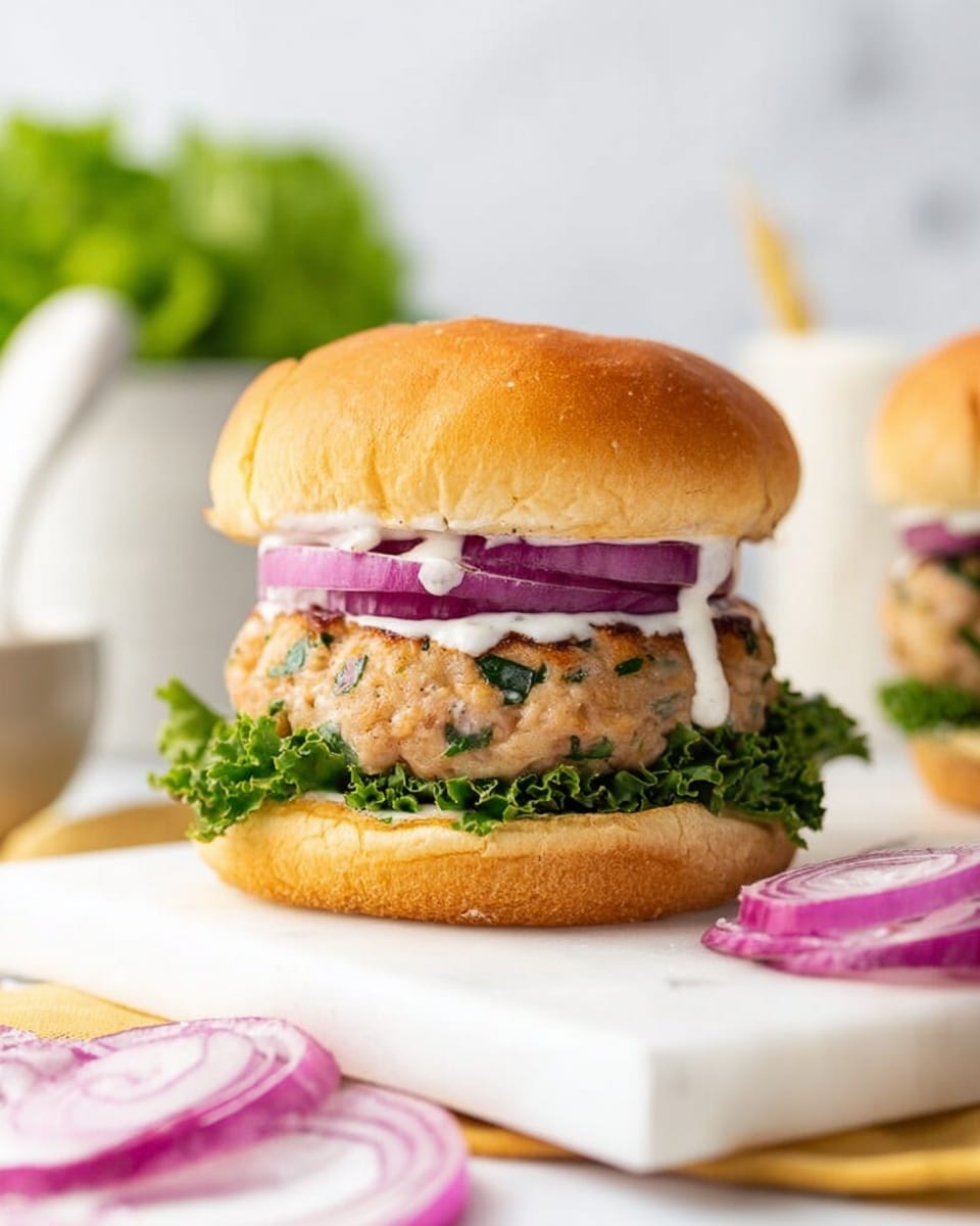 Two small burgers sit side by side on a white cutting board with a white marbled surface underneath. Each burger has a soft, light brown bun on top. Below the top bun is a thick, textured patty with bits of herbs visible inside, topped with a small dollop of white sauce on one burger. Under the patties are fresh, bright green lettuce leaves and thin, circular slices of purple onion layered evenly. Additional purple onion rings are scattered on the white marbled surface near the board. In the blurry background, a bunch of fresh green lettuce and white containers add a soft touch to the scene. Photo taken with an iphone --ar 4:5 --v 7