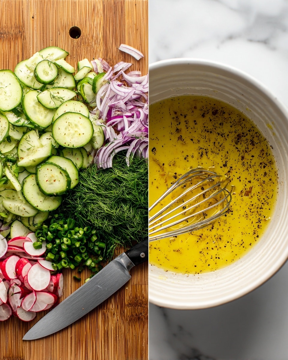 The image shows two views side by side: on the left, a wooden board is filled with thinly sliced round cucumber pieces in light green and white, chopped fresh dark green dill herb, fine slices of red and white radish, and chopped small light green onions, with a large knife resting on the board near the dill; on the right, a white bowl containing a yellow, oily mixture sprinkled with black pepper sits on a white marbled surface, with a woman's hand holding a whisk inside the bowl. photo taken with an iphone --ar 4:5 --v 7