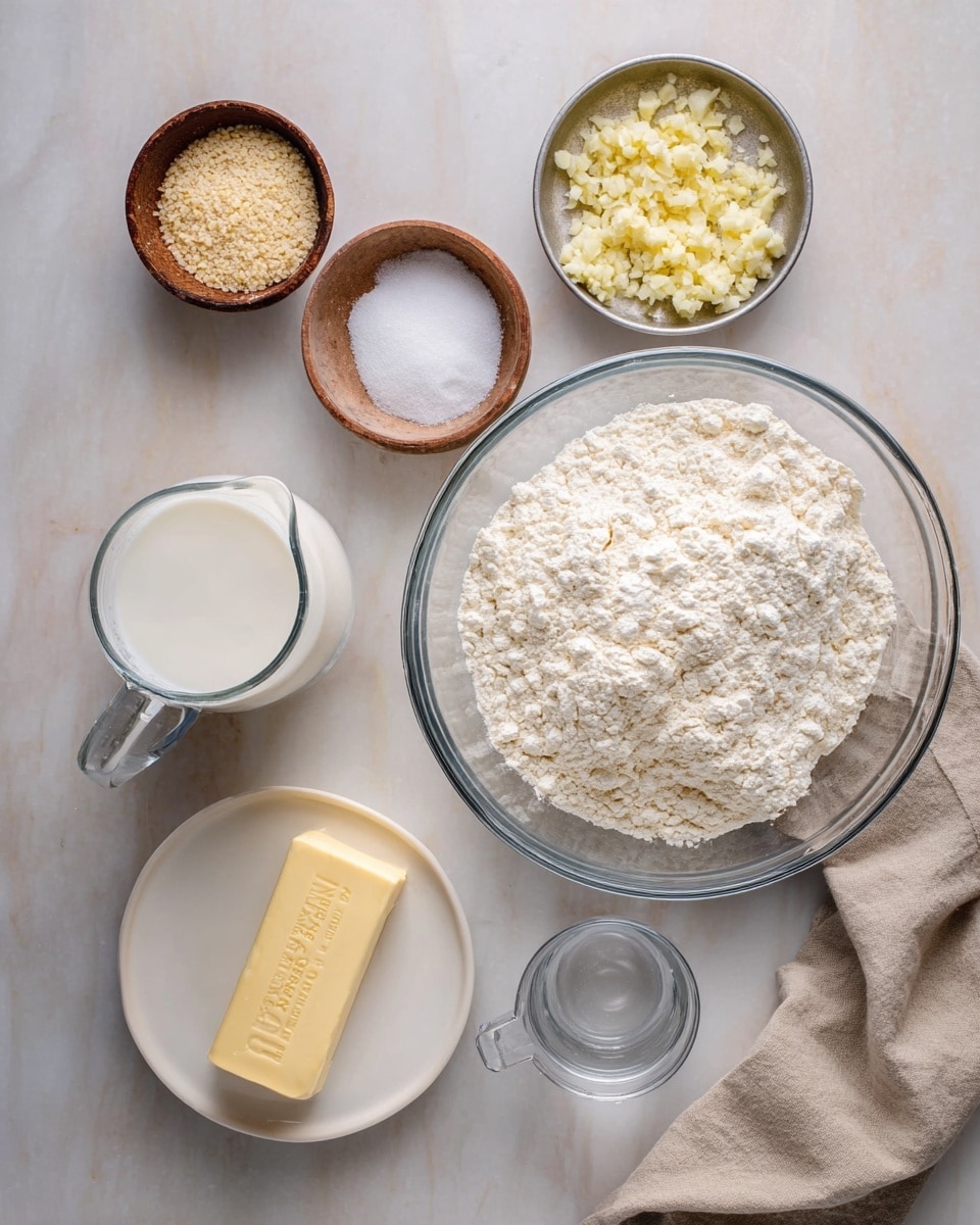 A top-down view of a baking setup on a white marbled surface featuring seven main ingredients arranged neatly. On the right, there is a large clear glass bowl filled with white flour showing a crumbly texture. Above it to the right is a small metal bowl filled with minced garlic, pale yellow in color and finely chopped. To the left of the garlic is a small wooden bowl with light brown yeast granules. Next to it on the left is a small metal bowl with fine white salt. Below the salt bowl is a shallow white bowl filled with granulated white sugar. At the bottom left is a clear glass measuring cup containing white milk. Just below and slightly to the right of the milk is a stick of unsalted butter in its yellow wrapper. On the far right side near the bottom is a clear plastic measuring cup, empty. A beige cloth is casually folded near the bottom right corner. photo taken with an iphone --ar 4:5 --v 7