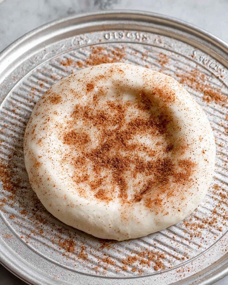 A small circle of dough sits on a silver ridged tray with USA embossed on it. The dough is pale white and has an indented center filled with a fine layer of light brown cinnamon sugar sprinkled thinly across the top and some scattered around the tray edges. The dough edges are slightly thicker, forming a raised rim. The texture of the dough is smooth but soft with faint dimples in the center. The background is changed to a white marbled texture. photo taken with an iphone --ar 4:5 --v 7