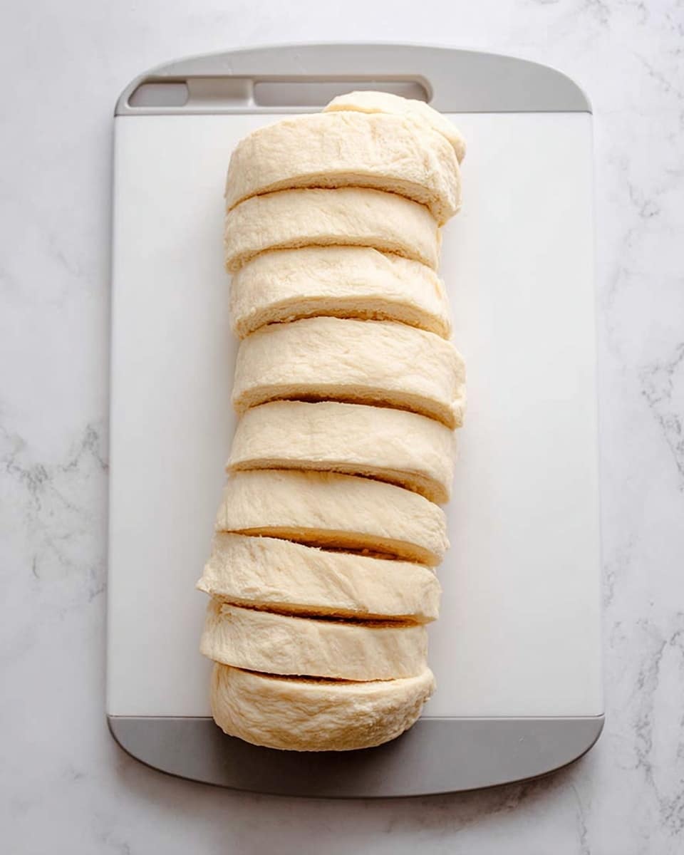 A long roll of light beige dough is sliced into eight equal pieces, each piece showing a smooth outer texture and slightly rounded edges, placed in a straight line on a white cutting board with gray trim at both ends. The board rests on a white marbled surface, giving a clean and simple look. The dough pieces are closely packed together without any visible filling or layers inside, showcasing a soft and pliable appearance. Photo taken with an iphone --ar 4:5 --v 7