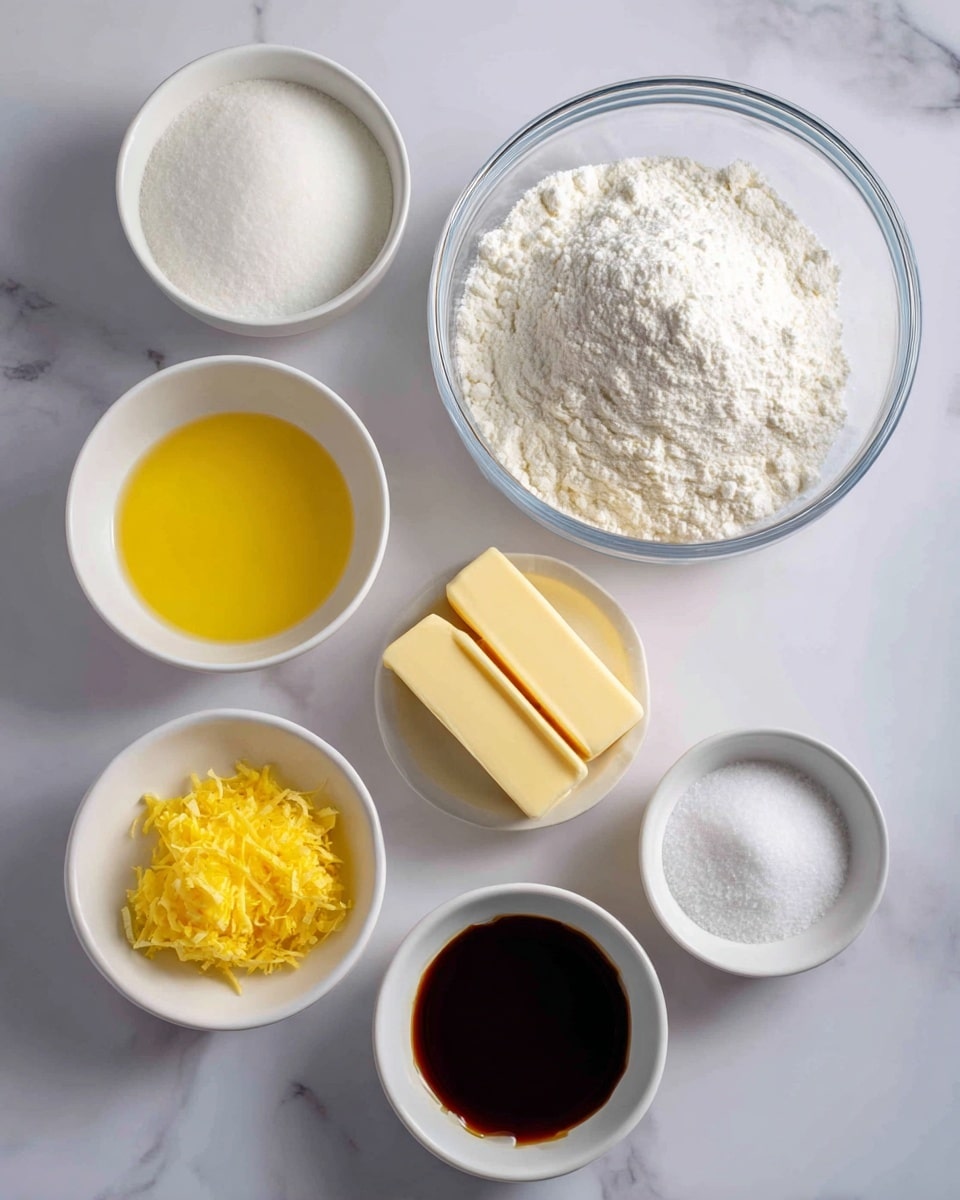 The image shows seven ingredients placed on a white marbled surface. On the top right, there is a large clear glass bowl filled with white flour, and to its left is a white bowl holding white sugar. Below the large bowl and to the right, there are two sticks of pale yellow butter stacked horizontally. Below the sugar bowl, a small white bowl contains yellow lemon juice, and next to it on the left, a white bowl is filled with bright yellow lemon zest. Below the butter sticks, a small white bowl holds dark brown vanilla extract, and to the right is another small white bowl containing white salt. Each ingredient is clearly labeled above or beside it in black text. Photo taken with an iphone --ar 4:5 --v 7