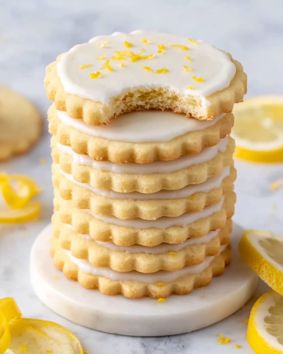 A stack of six round pale yellow cookies with scalloped edges sits on a small white marble board. The top cookie is iced with smooth white frosting that has small bits of yellow lemon zest sprinkled on it, and a bite is taken out of the top cookie, showing the soft crumb inside. Around the marble board, there are a few lemon peel twists and slices, and the background is a white marbled texture. photo taken with an iphone --ar 4:5 --v 7