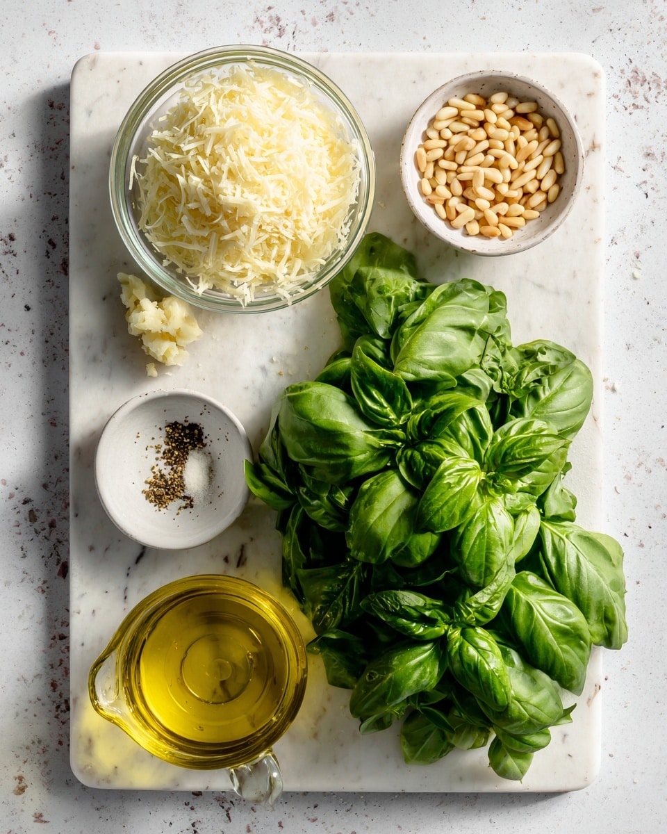 The image shows a white cutting board placed on a white marbled surface, with several ingredients for making pesto spread neatly on it. On the right side, there is a large bunch of fresh green basil leaves with vibrant, smooth textures. To the top left, there is a small clear glass bowl filled with grated pale yellow cheese. Below the cheese, there is a small amount of crushed garlic in a tiny clear bowl. Next to it, a small white bowl holds light brown pine nuts. At the top left corner, a small glass bowl holds salt and pepper mixed together. Below the pine nuts, there is a clear measuring cup filled with golden-yellow olive oil. Everything is arranged clearly, showing the fresh and natural textures of the ingredients. photo taken with an iphone --ar 4:5 --v 7