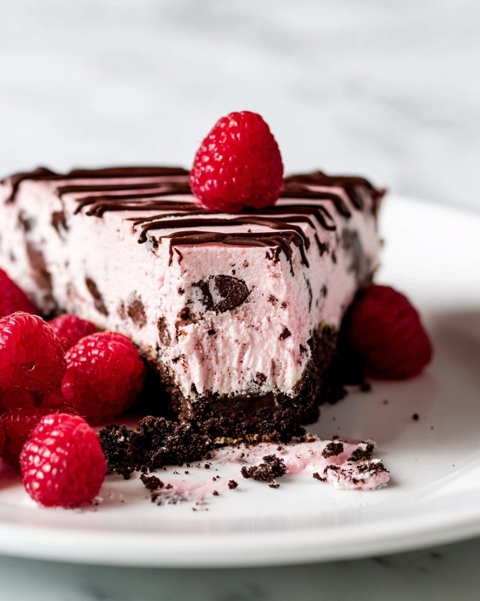 A slice of dessert with three layers is shown on a white plate placed on a white marbled surface. The bottom layer is dark brown and crumbly, resembling a cookie crust. The middle layer is thick, creamy, and pinkish with dark chocolate pieces inside. The top layer is smooth and light pink with dark chocolate lines drizzled across the surface. A bright red raspberry sits on top, and several more raspberries are placed around the base of the dessert. There are some crumbled crumbs and smears of the pink filling on the plate near the slice. Photo taken with an iphone --ar 4:5 --v 7