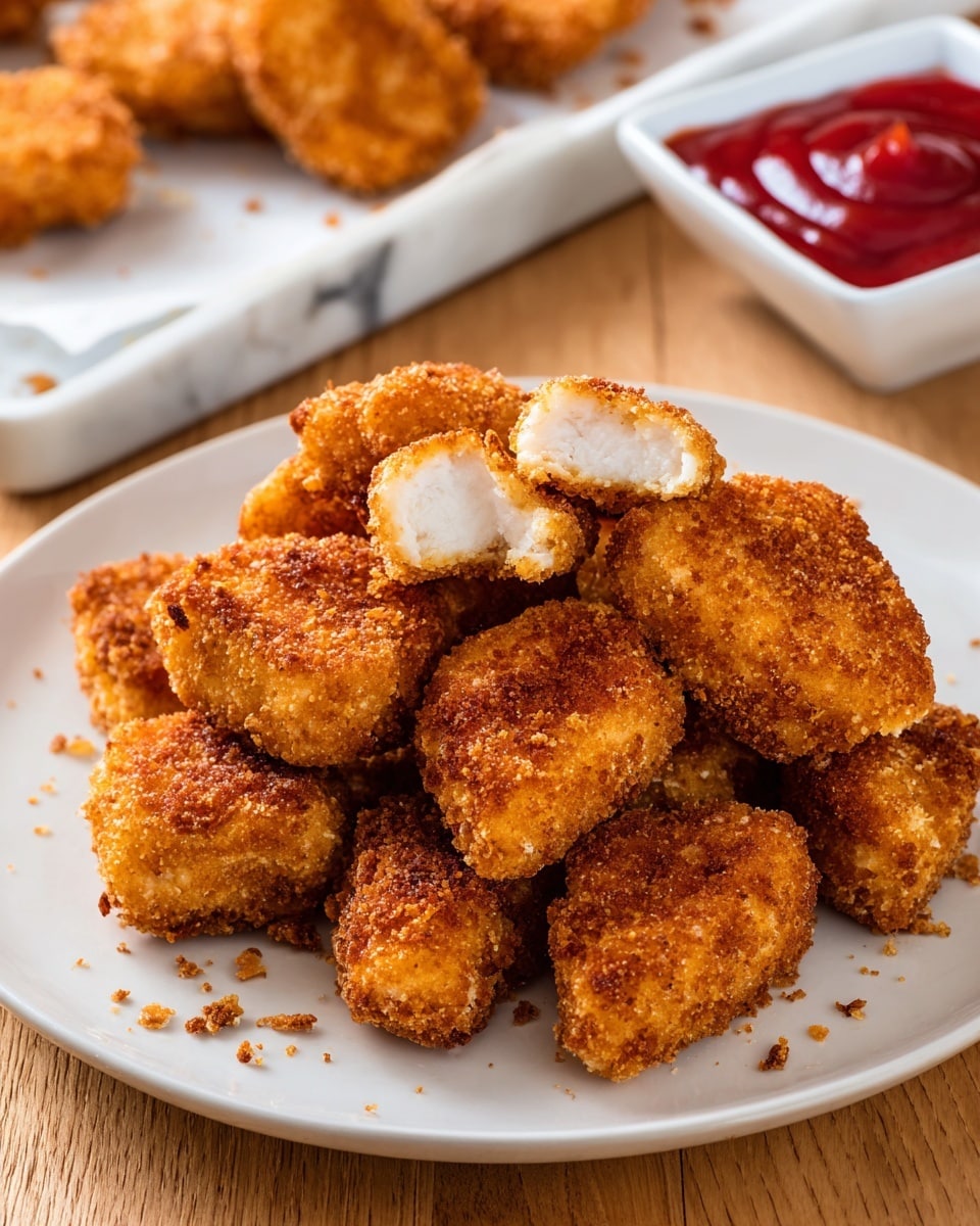 The image shows a pile of golden brown fried chicken pieces with a crunchy texture, arranged in a loose mound on white parchment paper. Behind the pile, there is a small white square dish filled with bright red ketchup on the left side. One piece of fried chicken is separated and placed slightly out of focus in the background, adding depth to the image. The food is set on a white marbled surface, giving a clean and simple backdrop. The colors mainly include warm golden browns from the chicken and bright red from the ketchup, with the white elements of the dish and background making the food stand out. photo taken with an iphone --ar 4:5 --v 7