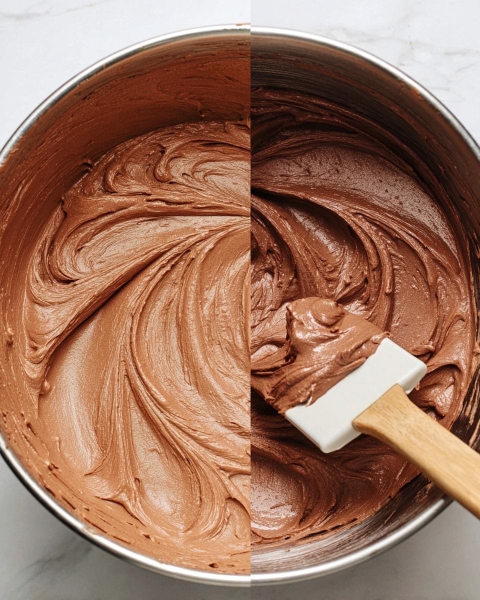 The image shows a smooth, light brown chocolate mousse mixture in a silver metal mixing bowl. The mousse has a creamy and whipped texture with gentle swirls and soft peaks, indicating it is airy and light. A wooden spatula with a white silicone edge is partially dipped into the mousse, creating smooth, flowing curves on the surface. The background features a white marbled texture. photo taken with an iphone --ar 4:5 --v 7