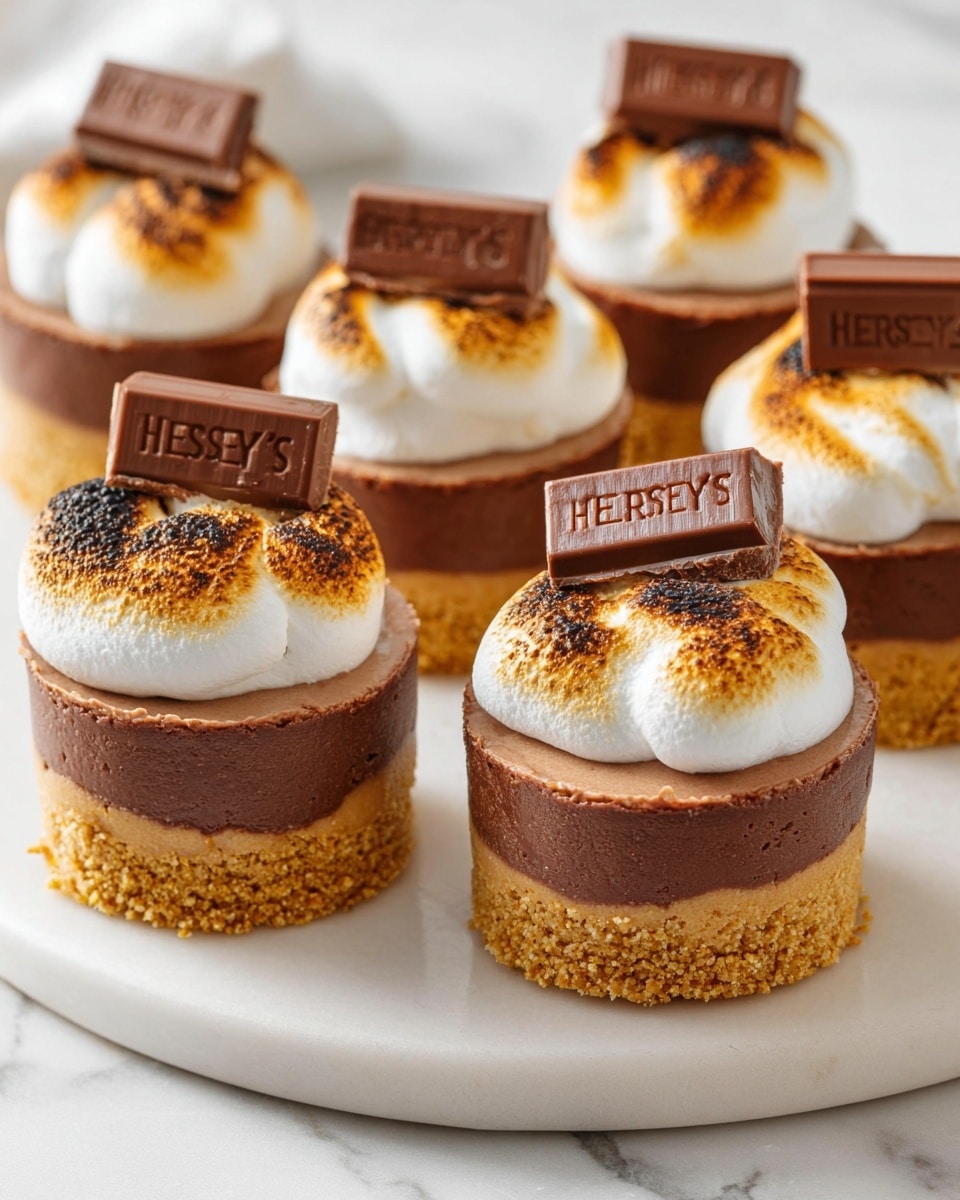 The image shows six small layered s’mores cheesecakes arranged on a round white plate set on a white marbled surface. Each cheesecake has three layers: a bottom golden-brown crumbly crust, a middle thick, creamy chocolate mocha layer that is smooth with a light texture, and a top layer of toasted marshmallow cream that is fluffy with a caramelized golden-brown surface. Two of the cheesecakes are topped with a small rectangular Hershey's chocolate piece standing upright in the marshmallow layer. The lighting is bright, highlighting the rich textures and colors of the desserts. photo taken with an iphone --ar 4:5 --v 7