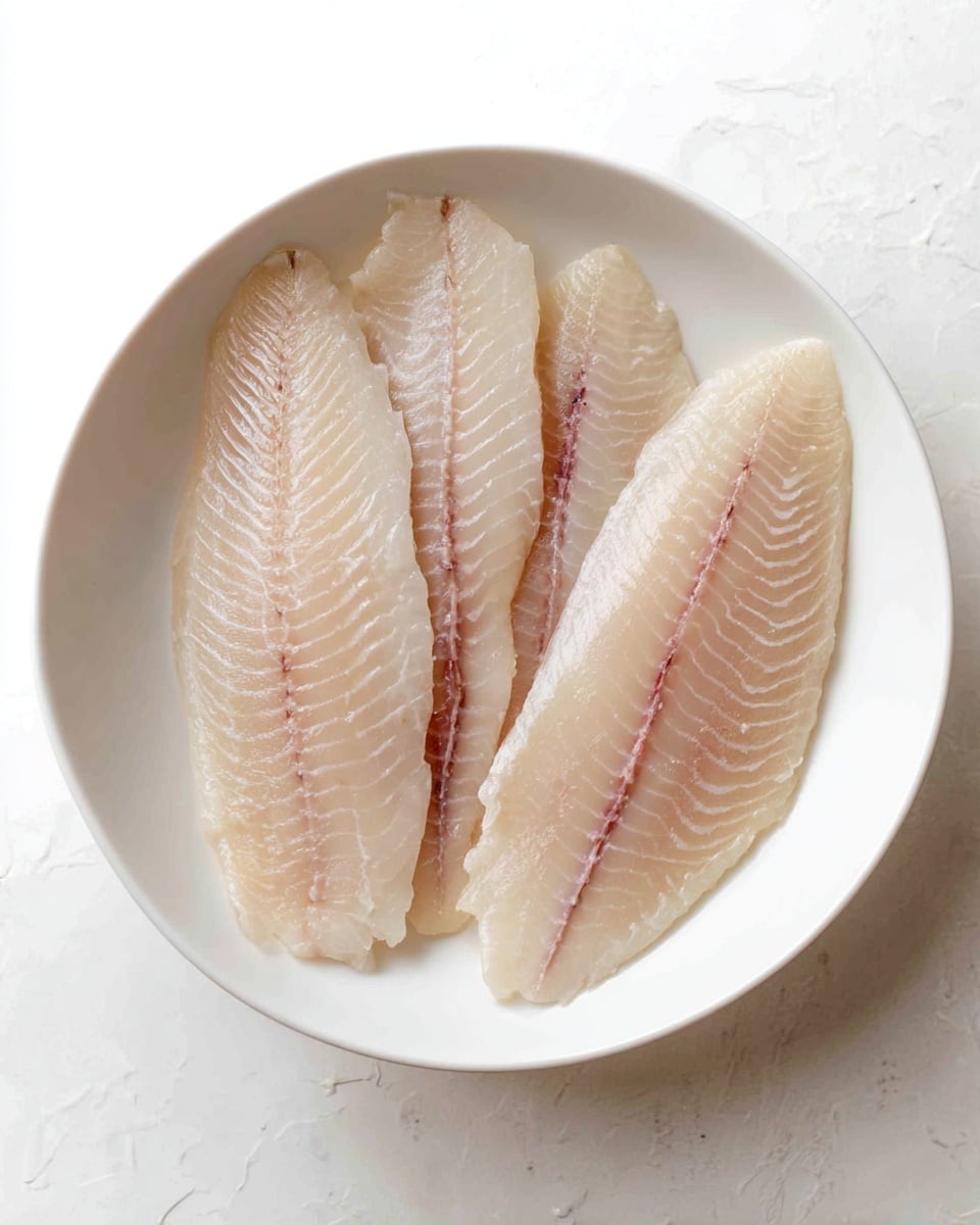 Four long, light beige fish fillets are laid flat, slightly overlapping, inside a white bowl. Each fillet has a thin, darker central line and subtle striping texture on the surface. The bowl is set against a white marbled texture background. The image focuses tightly on the bowl from above. photo taken with an iphone --ar 4:5 --v 7