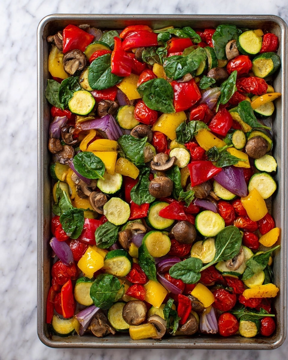 A metal baking tray on a white marbled surface filled with bright, colorful roasted vegetables, showing many layers mixed together: slices of green zucchini and yellow squash with a smooth, soft texture, chunks of red bell pepper with a slight shine, halved roasted cherry tomatoes in deep red, pieces of purple onion with a tender look, brown mushrooms sliced to show gills, and fresh green spinach leaves scattered on top, all appearing cooked but still vibrant. The vegetables cover the whole tray, creating a rich mix of textures and colors. Photo taken with an iphone --ar 4:5 --v 7