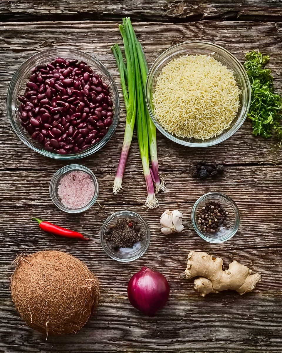 A top view of cooking ingredients arranged on a rough wooden surface, including a clear glass bowl filled with dark red kidney beans on the upper left, below it is a larger clear glass bowl with light yellow rice. Above the rice bowl, there are three fresh green onions with purple bases placed horizontally. To the right of the onions, two small clear glass bowls contain black peppercorns and pink salt crystals respectively. Below these bowls, a whole coconut with its brown fibrous shell is placed near the center-right. To the far right, a piece of ginger root and a whole purple onion are positioned on the wooden surface. Near the bottom centre, a small bright red chili pepper and a bulb of garlic with a few cloves exposed are spaced apart, with a small bunch of fresh green herbs in the upper right corner. photo taken with an iphone --ar 4:5 --v 7