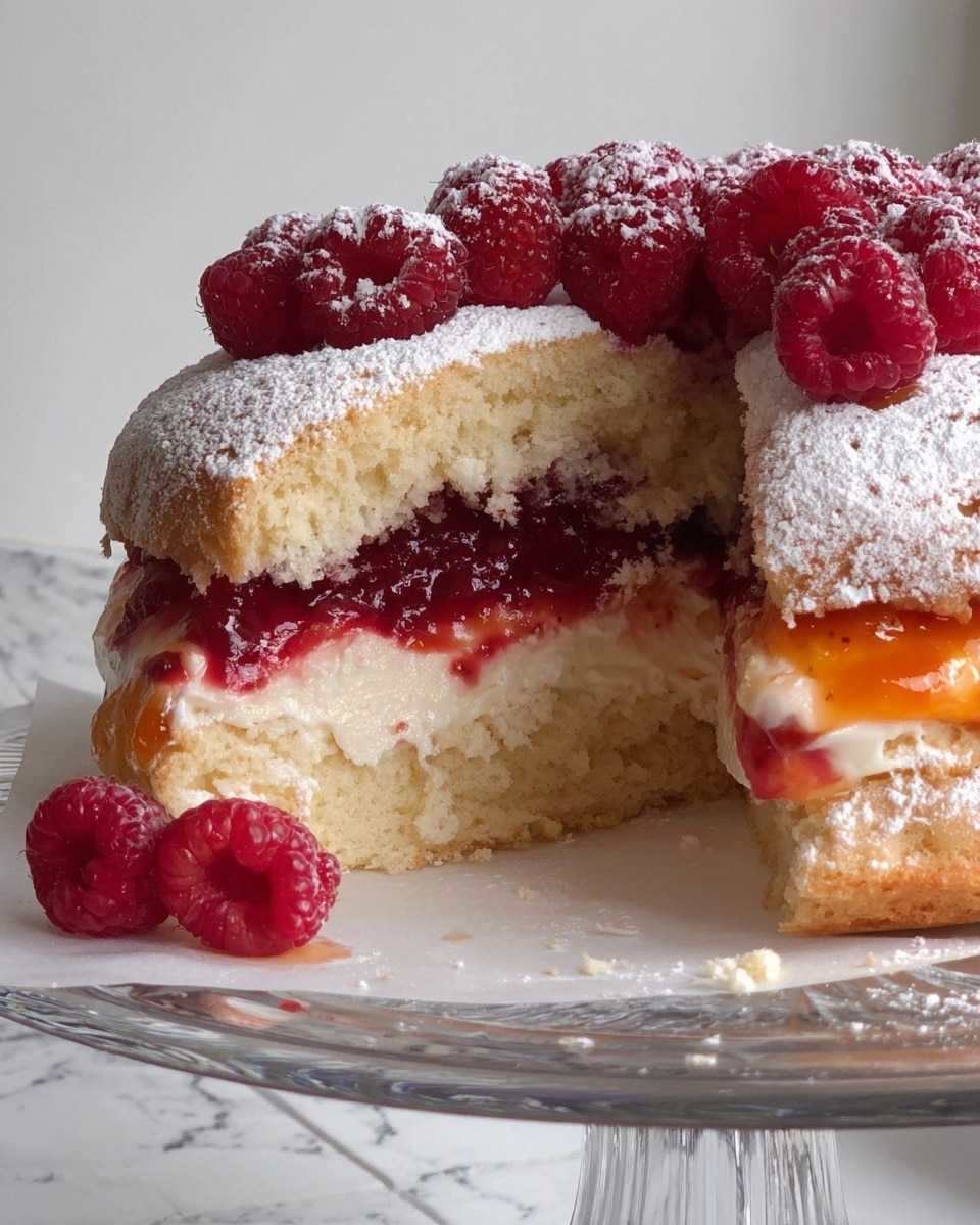 A round dessert is shown on a clear glass cake stand with a single large pedestal, placed near a window. It has three visible layers: the top layer is a light golden-brown biscuit or cake dusted with white powdered sugar, the middle layer is a thick, white creamy filling, and the bottom layer is a biscuit or cake similar to the top but a bit thicker. Between the creamy layer and the bottom biscuit, there are fresh red raspberries embedded inside and some loose on the white parchment paper on the cake stand. There is also a bright orange jam or sauce spread thickly on top of the cream and partly on the biscuit edges. One slice is taken out, showing the inside clearly. The background has a white marbled texture surface. photo taken with an iphone --ar 4:5 --v 7