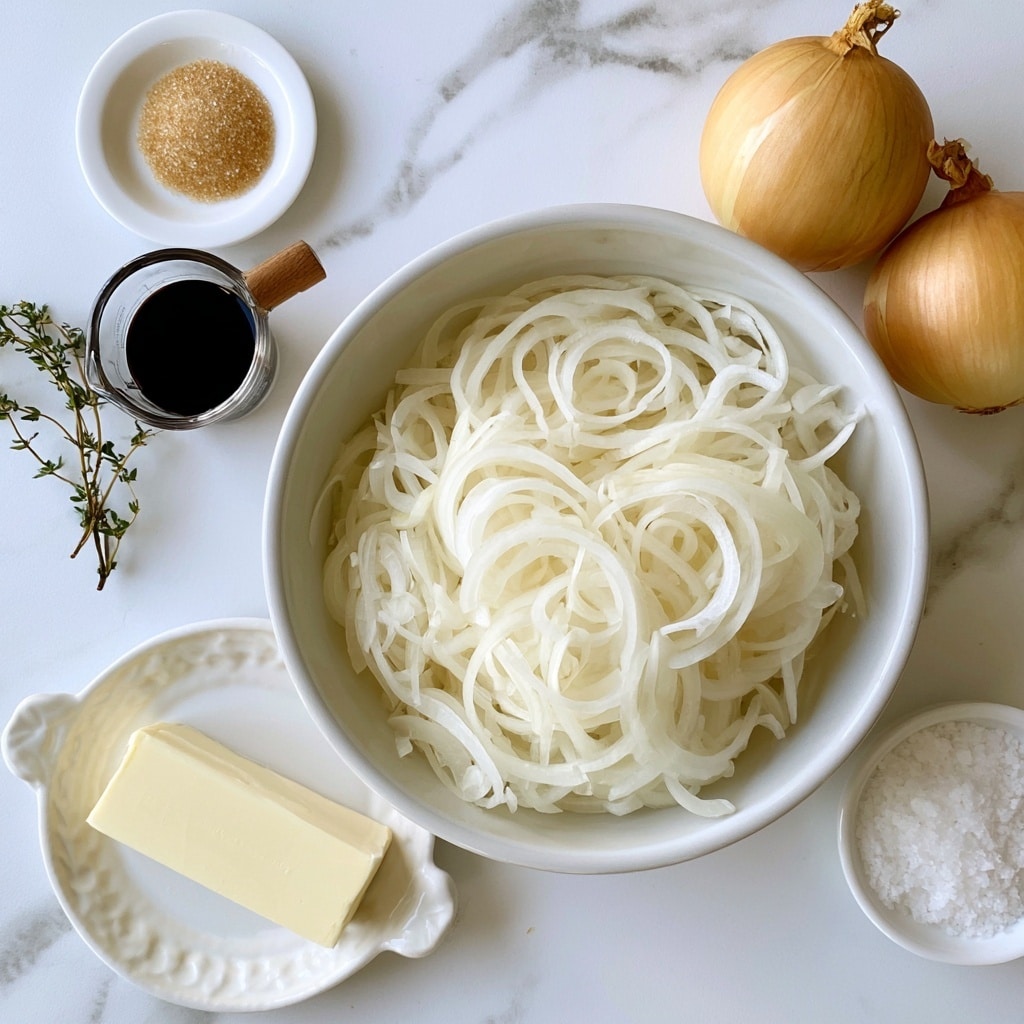 A top view of ingredients on a white marbled surface with a large white ceramic bowl in the center filled with a large pile of thinly sliced white onion rings. Around the bowl are several items: on the top left, a small white saucer with a small heap of light brown sugar, below it a clear small glass cup filled with dark balsamic vinegar with a wooden handle. To the right side of the bowl, there are two whole yellow onions. Below the bowl, slightly to the left, is a white ceramic plate holding a stick of pale yellow unsalted butter. To the right of the butter plate, there is a small white bowl filled with coarse white salt. A sprig of thyme with small green leaves lies near the onions on the left side. Each ingredient has a white label with black text identifying it. Photo taken with an iphone --ar 4:5 --v 7