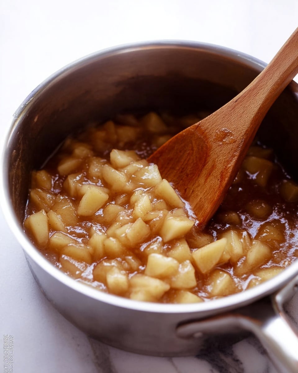 A close-up view of a small silver pot filled with a thick apple mixture, showing many small, soft, chunky pieces of light yellow apples in a glossy, brownish syrup. A wooden spoon with a smooth grainy texture is partly dipped into the mixture from the right side, stirring the contents. The pot is placed on a white marbled surface, and bright natural light highlights the shiny metal of the pot and the wet texture of the apple sauce inside. Photo taken with an iphone --ar 4:5 --v 7
