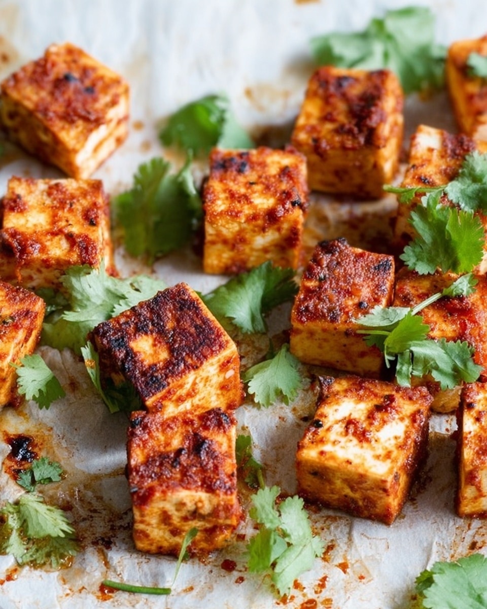 The image shows many small cubes of paneer, each coated in a reddish spice mix with a slightly crispy texture on the outside, arranged unevenly on a baking paper with some oil stains and char marks. Several bright green coriander leaves are placed on top and around the paneer cubes, adding fresh color contrast. The background is a white marbled surface. photo taken with an iphone --ar 4:5 --v 7