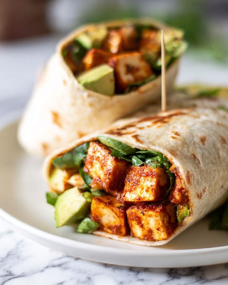 The image shows two burritos on a white plate with a white marbled surface underneath. Each burrito is wrapped in a light beige tortilla with soft texture and slight toasty spots. Inside, there are several large cubes of reddish-brown seasoned tofu on top, with chunks of green avocado visible below the tofu. There are also pieces of leafy green spinach or cilantro mixed with the tofu and avocado filling. The burrito in the back is partly open and held upright with a toothpick, revealing the filling clearly. The focus is on the front burrito with a blurred background. Photo taken with an iphone --ar 4:5 --v 7