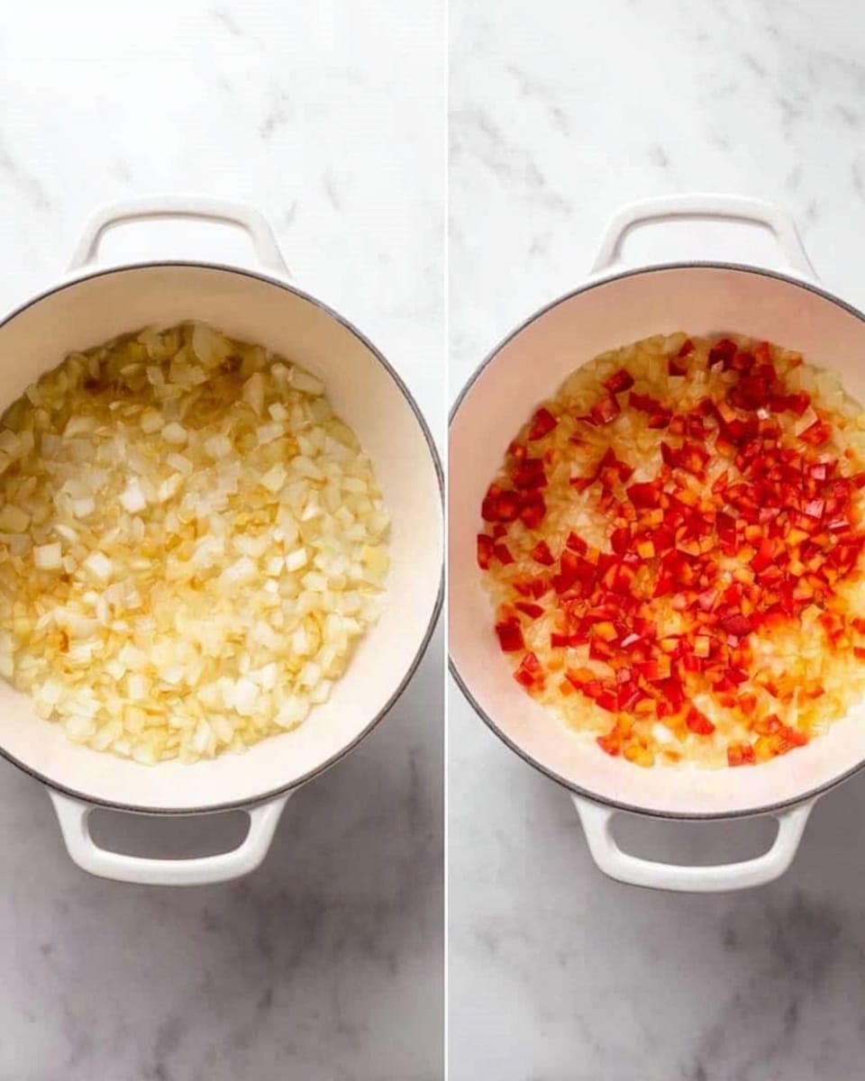The image shows two white pots side by side on a white marbled surface. The pot on the left contains a single layer of small chopped onions that are pale yellow and white, evenly spread across the bottom. The pot on the right has two layers: the bottom layer is similar small chopped onions softened to a translucent golden color, and the top layer is a spread of finely chopped red and orange bell peppers, creating a colorful contrast within the pot. Both pots have a smooth, clean interior and two handles visible. Photo taken with an iphone --ar 4:5 --v 7