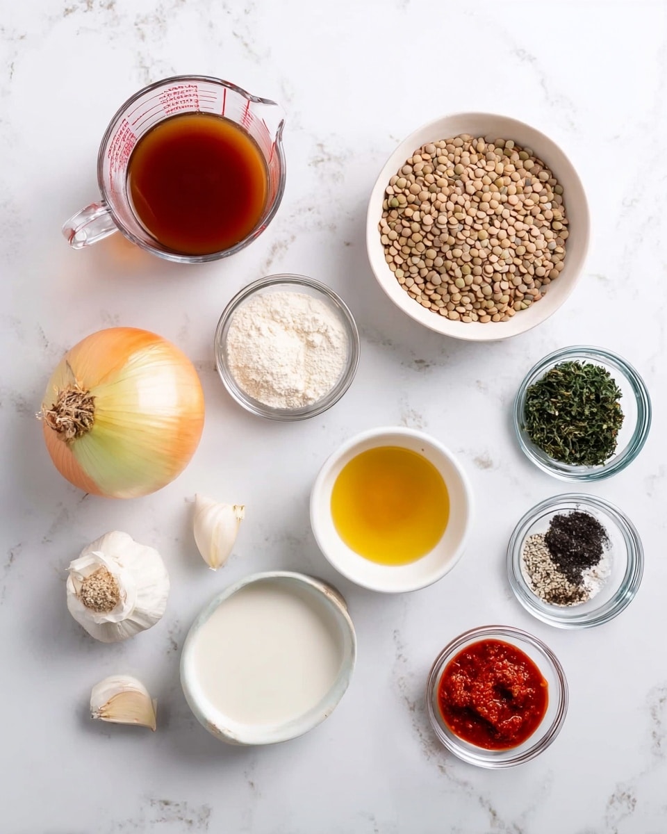 The image shows several small clear and white bowls arranged on a white marbled surface. In the top left is a clear measuring cup filled with brown liquid. Next to it on the right is a small white bowl filled with pale brown lentils. To the right of the lentils is a small clear bowl with white grainy powder. Below the measuring cup is a small white bowl with a white creamy liquid. Next to it is half of a yellow onion with its skin. To the right is a small clear bowl with a golden yellow liquid. Below the onion are three cloves of garlic on the surface. Next to the garlic is a small clear bowl with white and black powder seasoning. To its right is a small clear bowl with bright red paste. Finally, to the right is a small clear bowl with chopped dark green herbs. All ingredients are neatly placed spaced apart. photo taken with an iphone --ar 4:5 --v 7