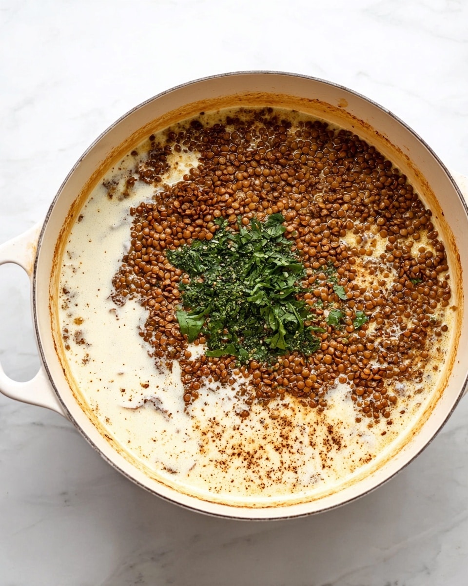 A large white pot sits on a white marbled surface, filled with a creamy liquid mixed with small brown lentils. One side of the pot shows a dense cluster of lentils forming a textured brown layer, while the creamy sauce spreads thinly over the rest of the pot. In the center, there is a small heap of dark green chopped leaves, adding a fresh contrast to the light and brown colors. The edges of the pot show slight browning where the ingredients meet the sides, indicating cooking. The lighting is bright, highlighting the creamy texture and lentil details. photo taken with an iphone --ar 4:5 --v 7