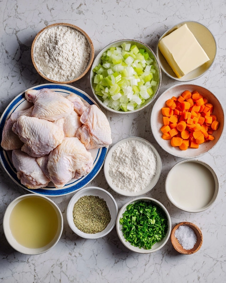 The image shows raw chicken pieces placed on a white plate with a blue rim at the center. Surrounding it are several small white bowls with different ingredients: chopped onions in one bowl, carrot slices in another, and celery pieces in a third bowl. A bigger white bowl holds white flour, while other small bowls contain butter slices, parsley, salt, pepper, and dried herbs. One bowl has a creamy white liquid. All items are arranged neatly on a surface with a white marbled texture. photo taken with an iphone --ar 4:5 --v 7